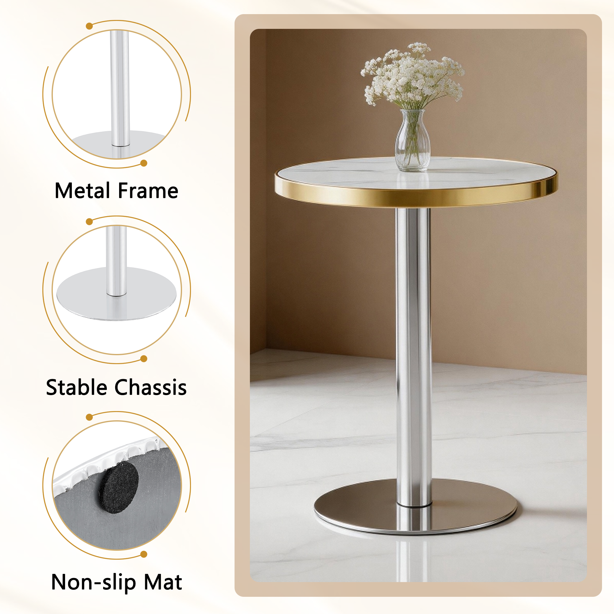 Feature graphic showing the metal frame, stable chassis and non-slip mat of the bistro table