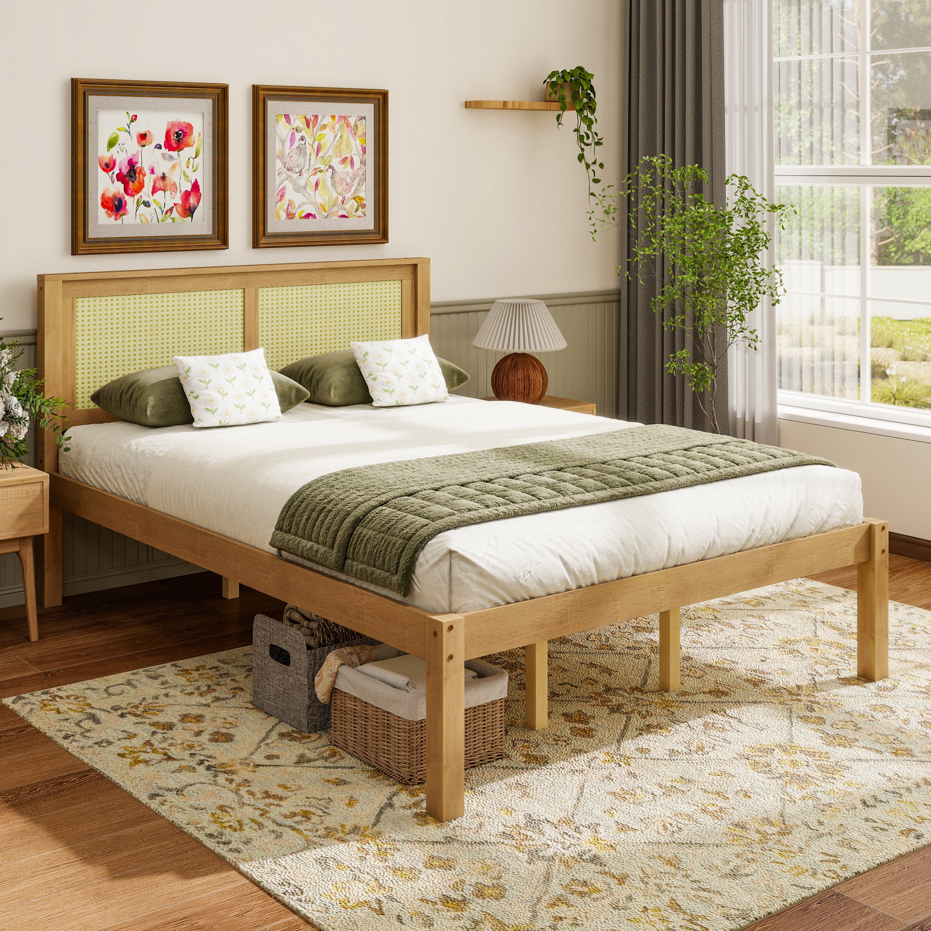 Natural cane headboard bed styled in a bright bedroom with framed floral art and a trailing plant