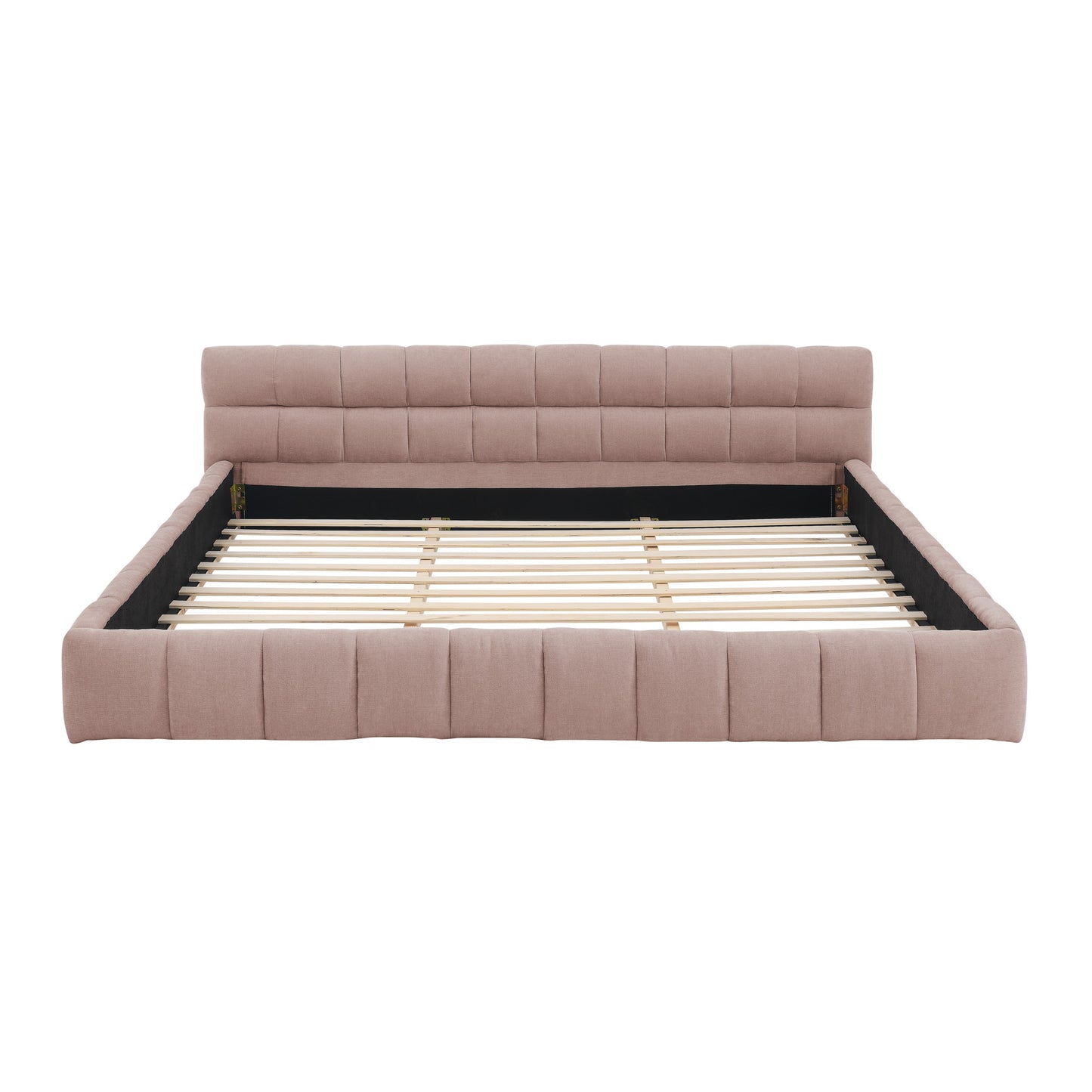 Pink chenille king bed frame, straight-on front view showing low headboard