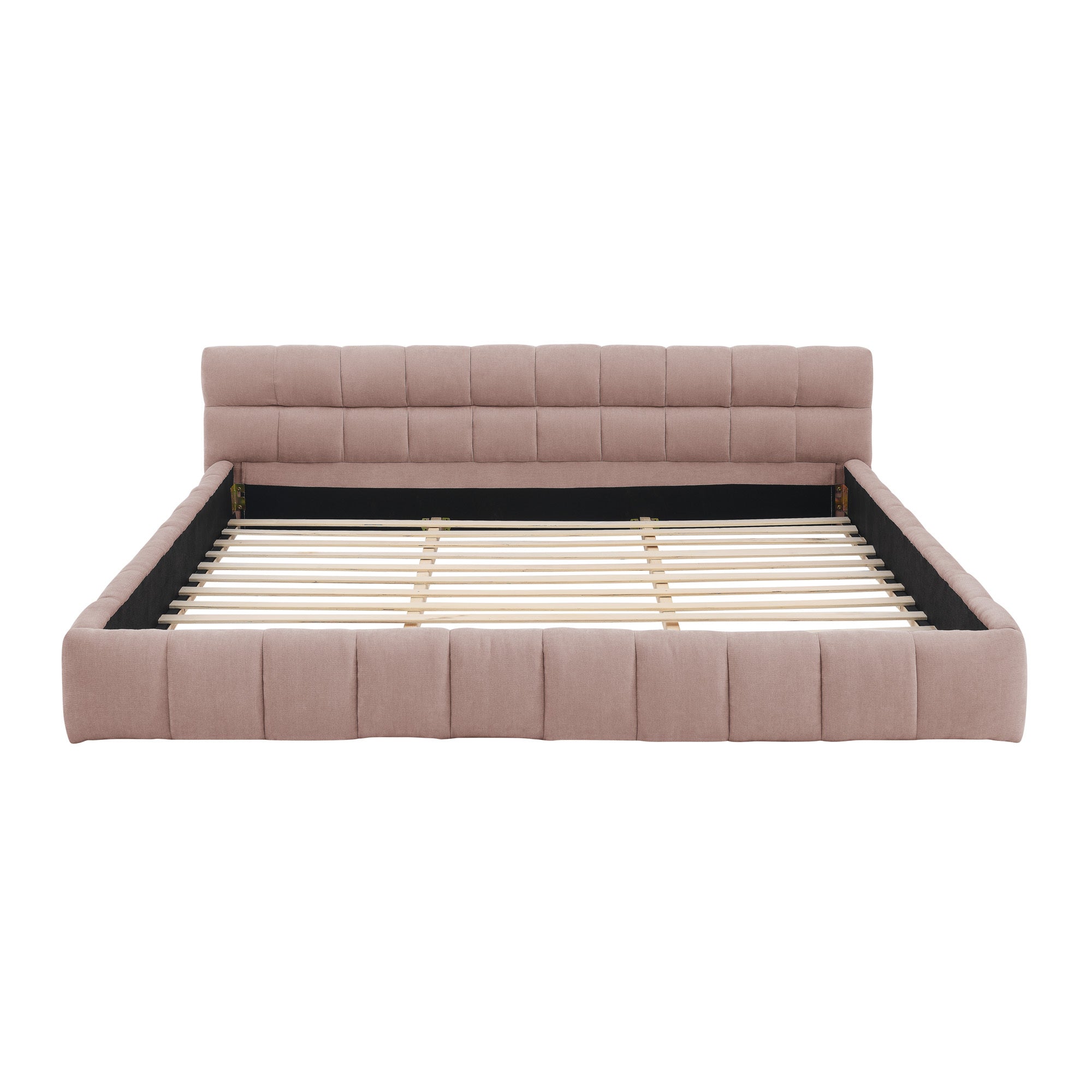 Pink chenille king bed frame, straight-on front view showing low headboard