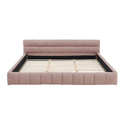 Pink chenille king bed frame, straight-on front view showing low headboard