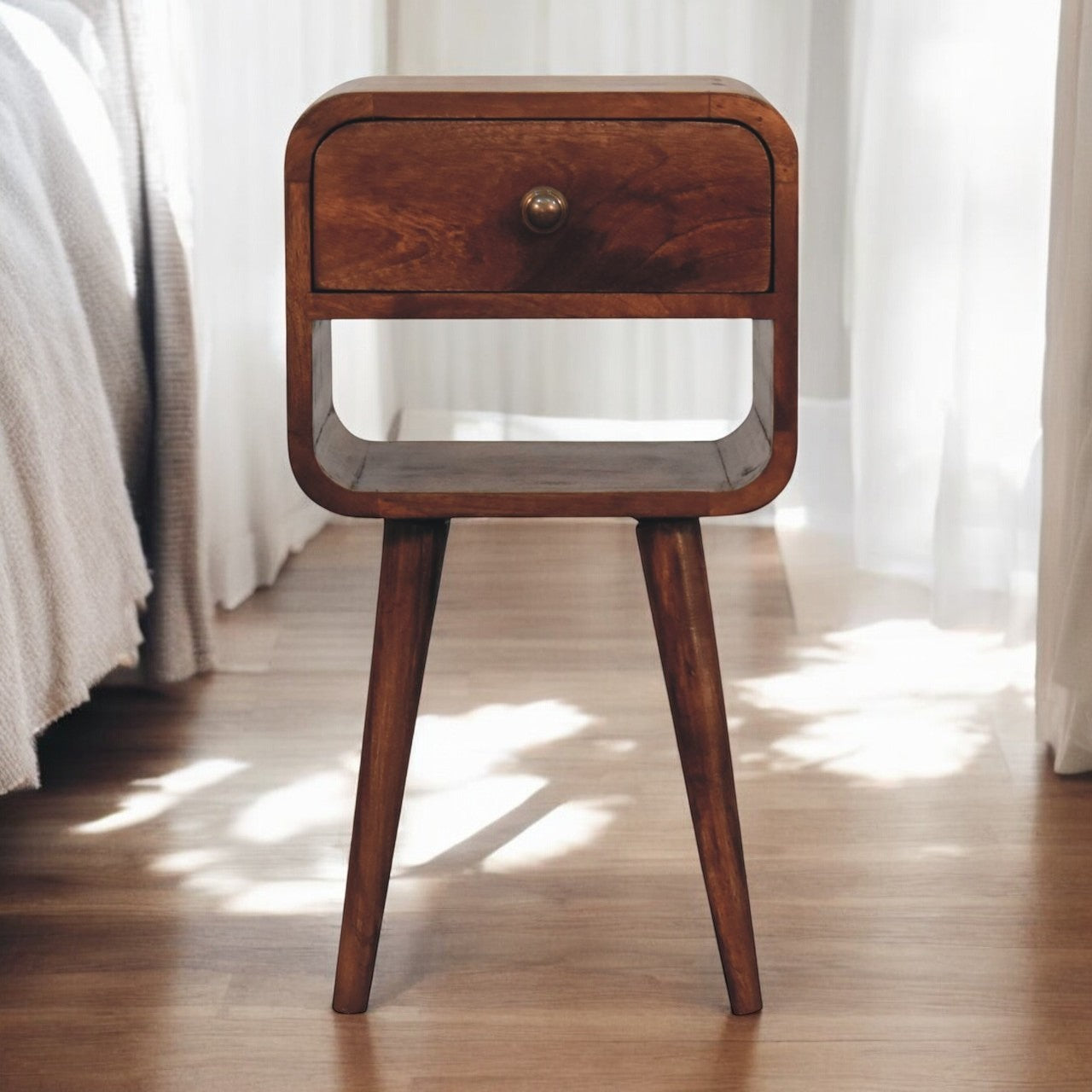 Small Solid Wood Nightstand with Drawer and Shelf, Honey Finish