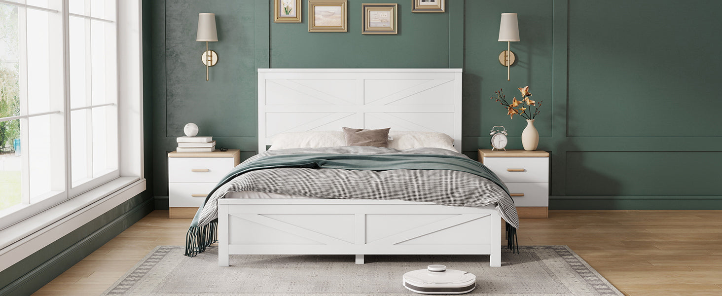 Wide front view of the white queen bed frame flanked by nightstands and wall sconces