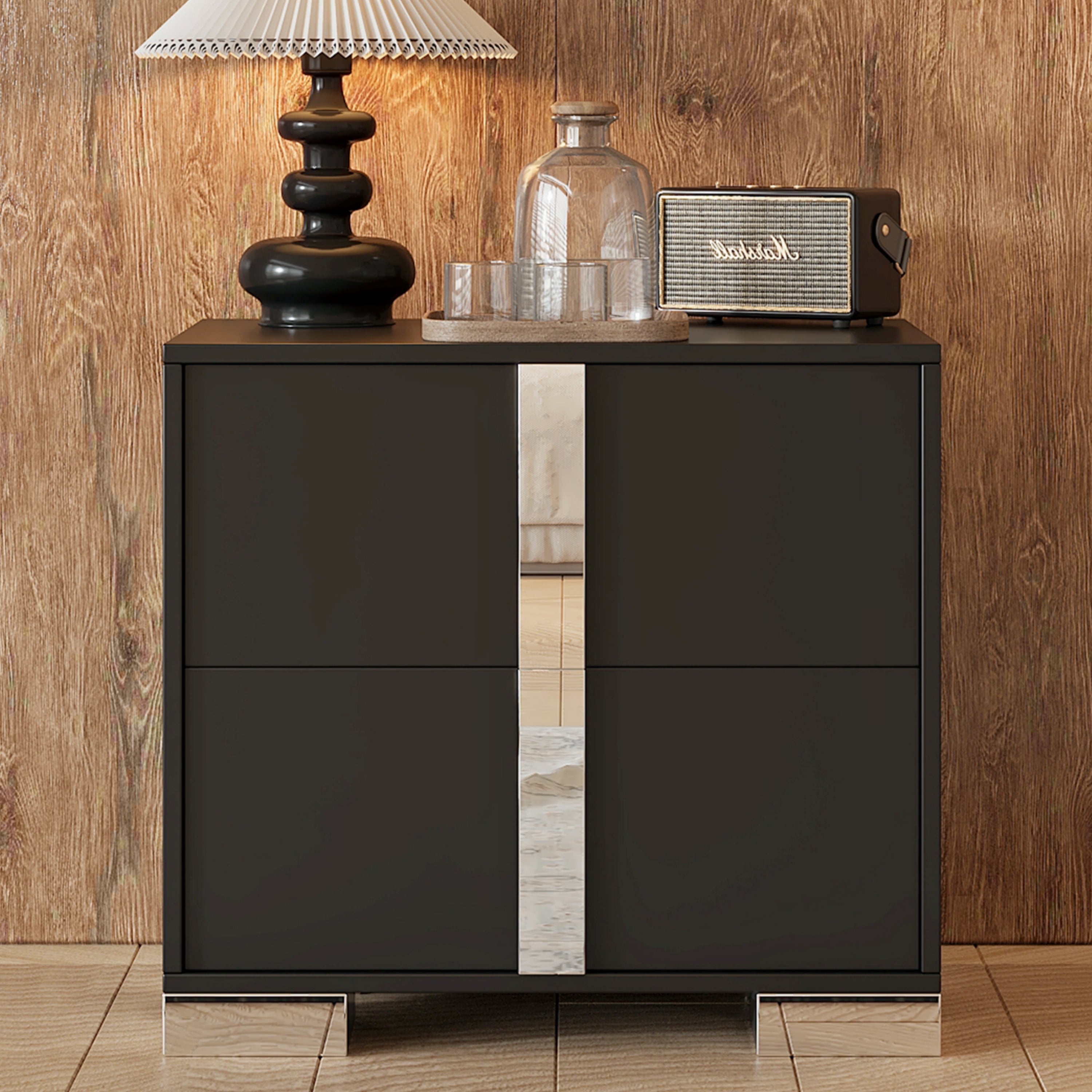 2-Drawer Nightstand with Metal Feet, Low Profile, Black