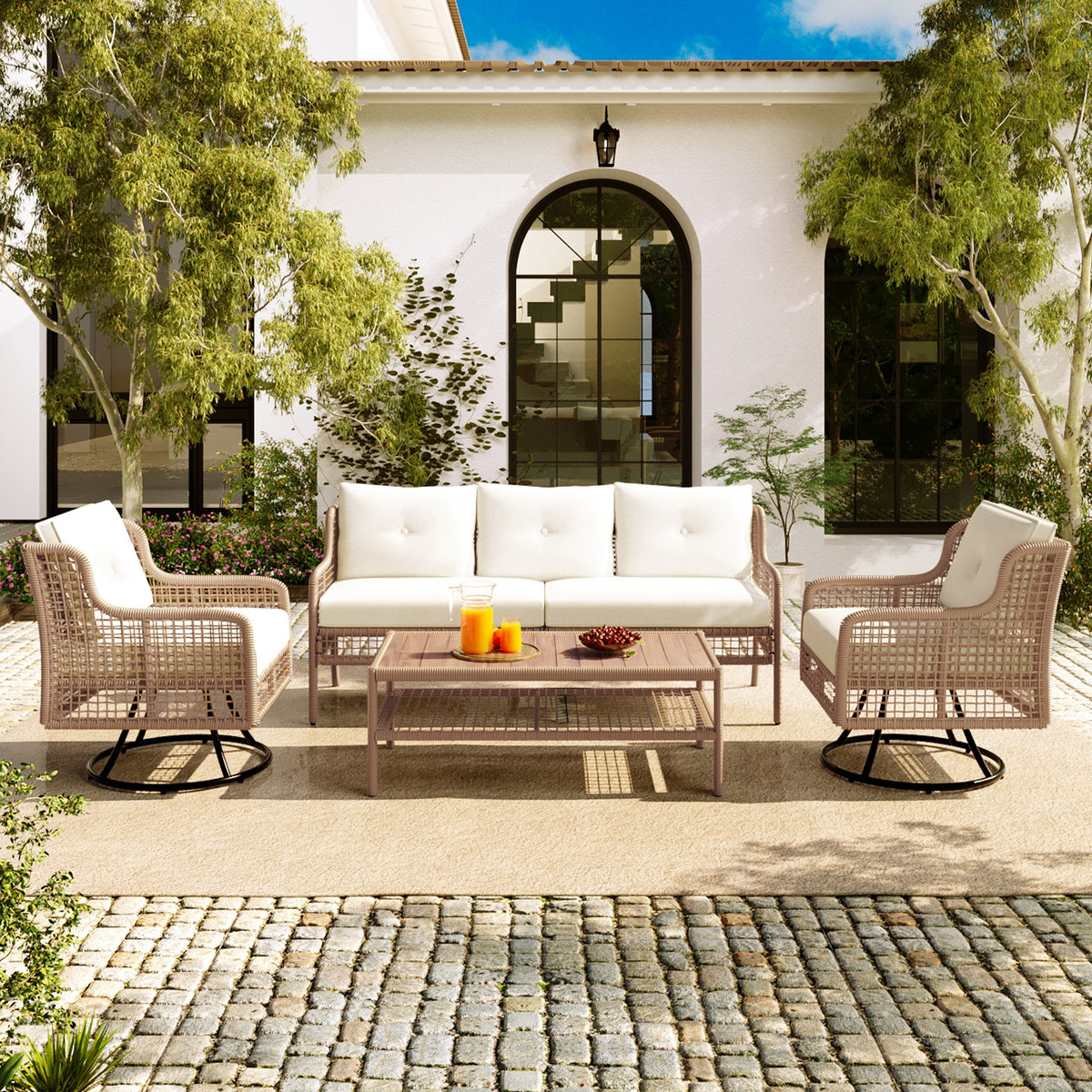 Beige Wicker 4-Piece Outdoor Sofa Set for 5 with Cushions
