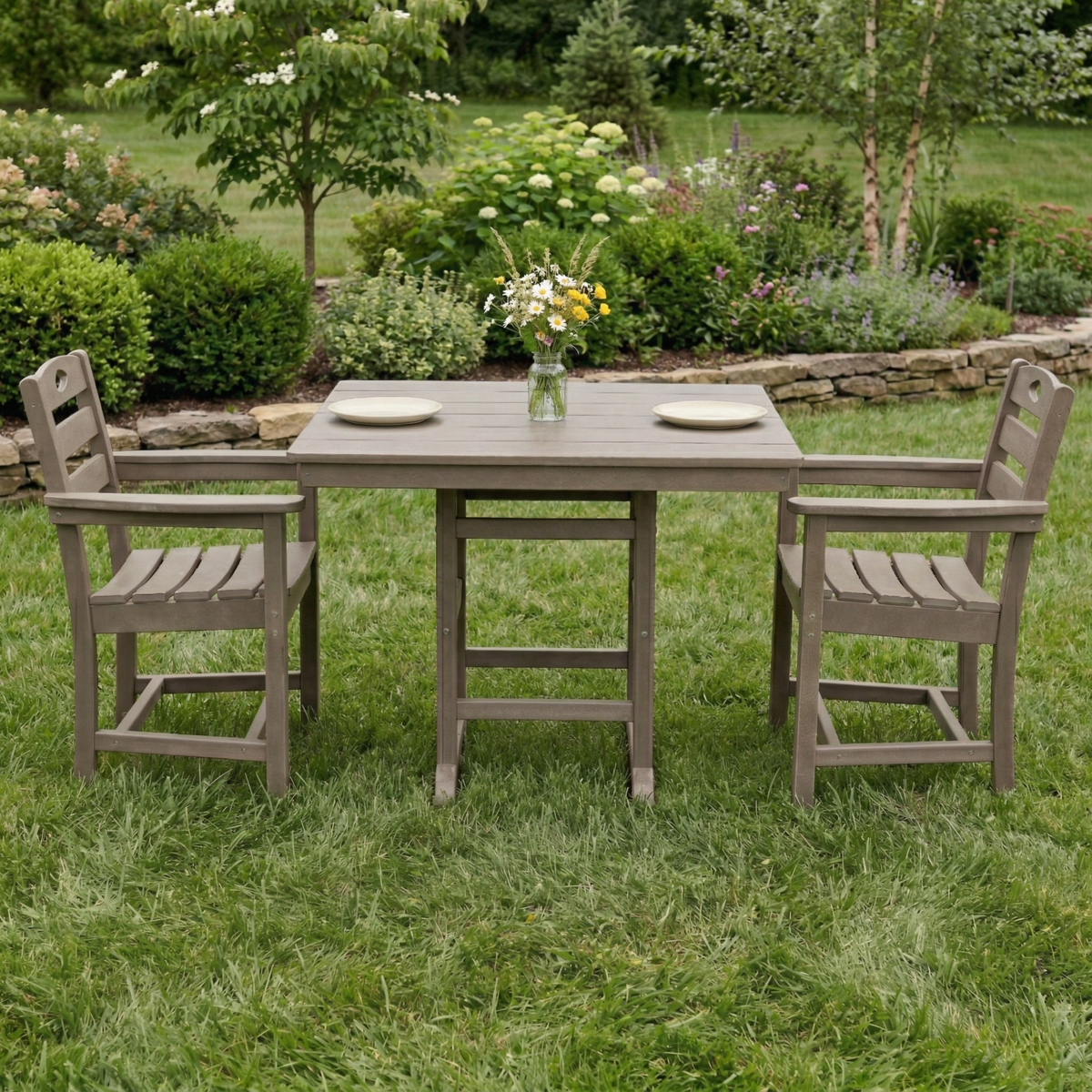 Brown HDPE 3-Piece Patio Dining Set for 2, with Arms