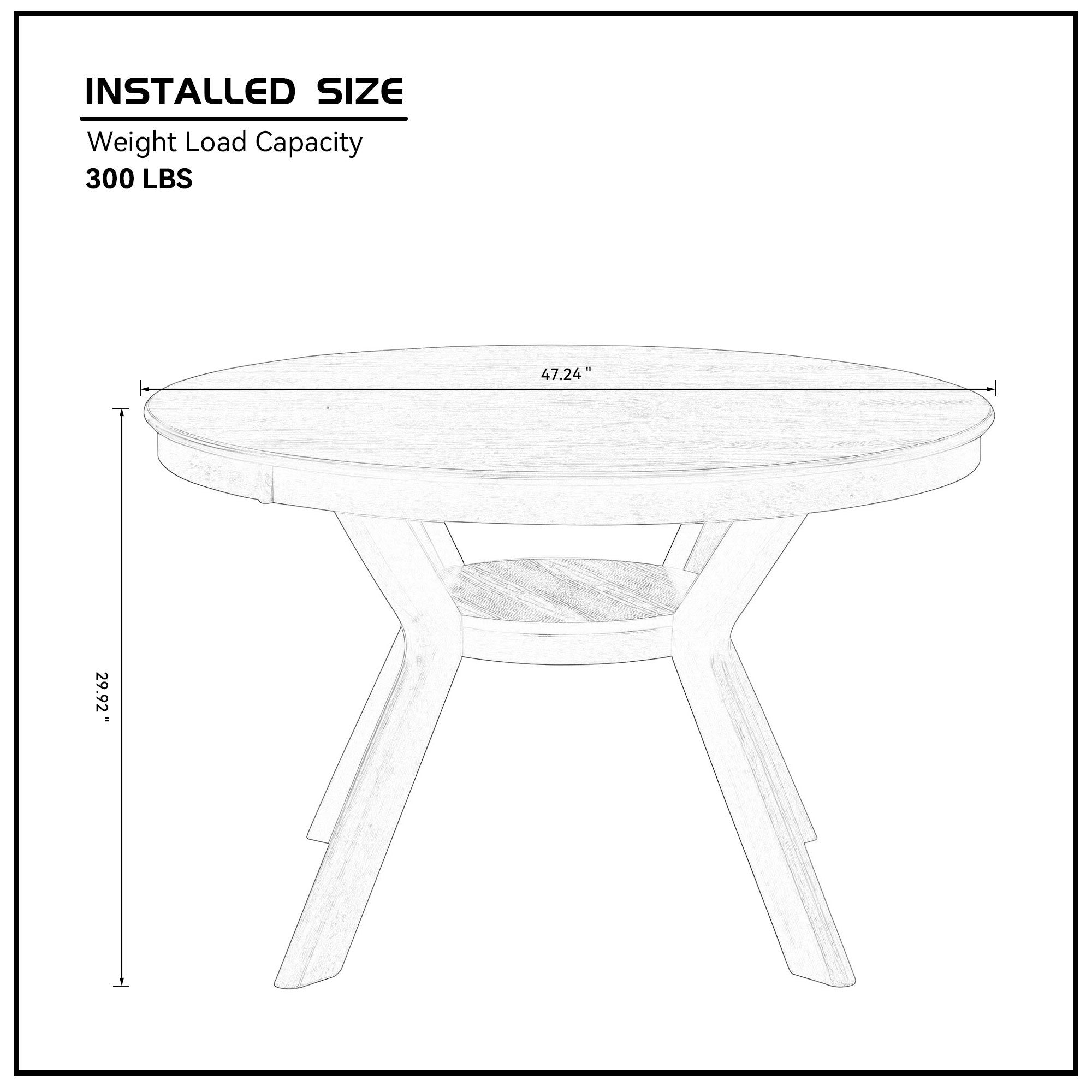 Dimension diagram of round oak dining table, 47.24 inch top, 29.92 inch height, 300 lb capacity
