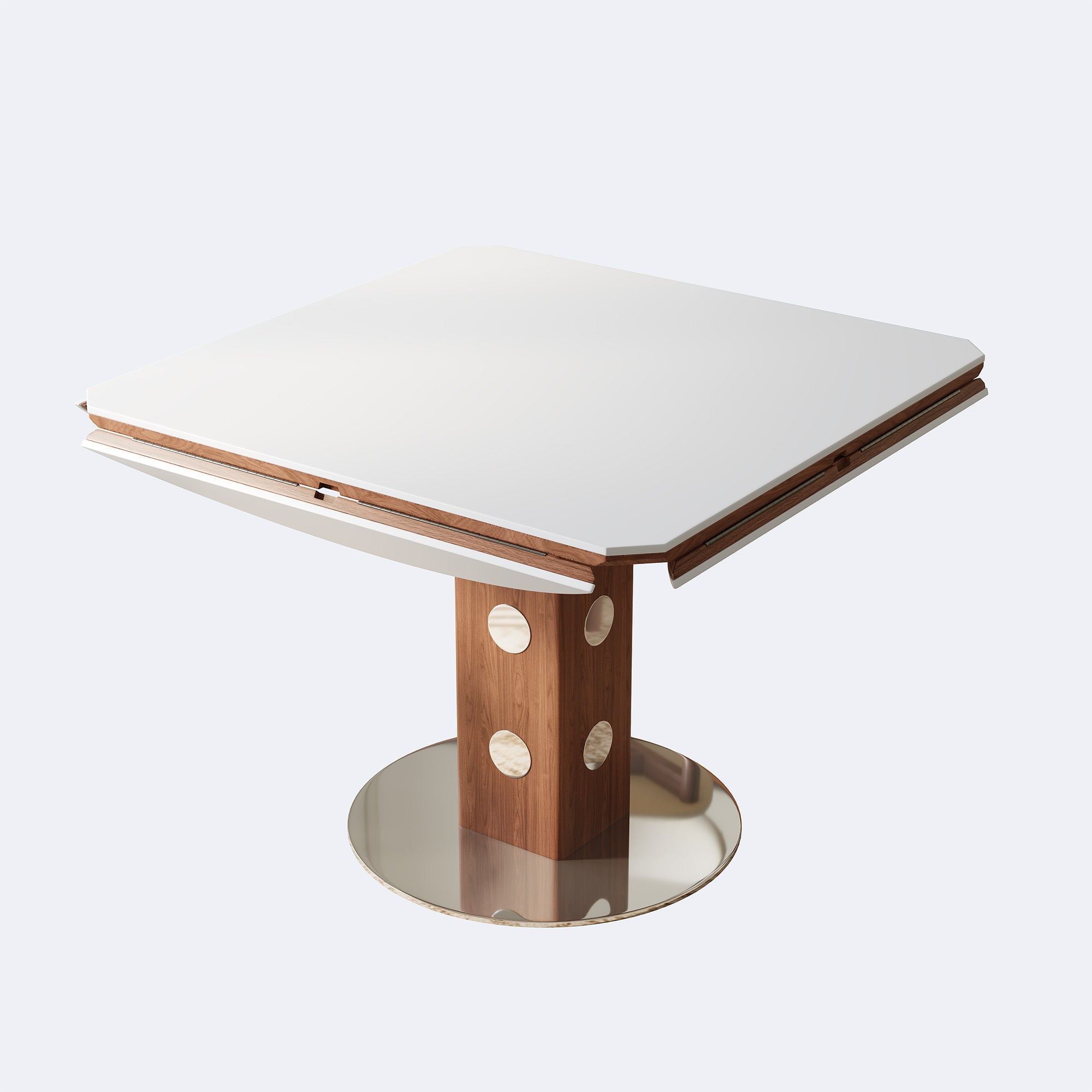 Three-quarter studio view of the table in square form with walnut column and chrome foot