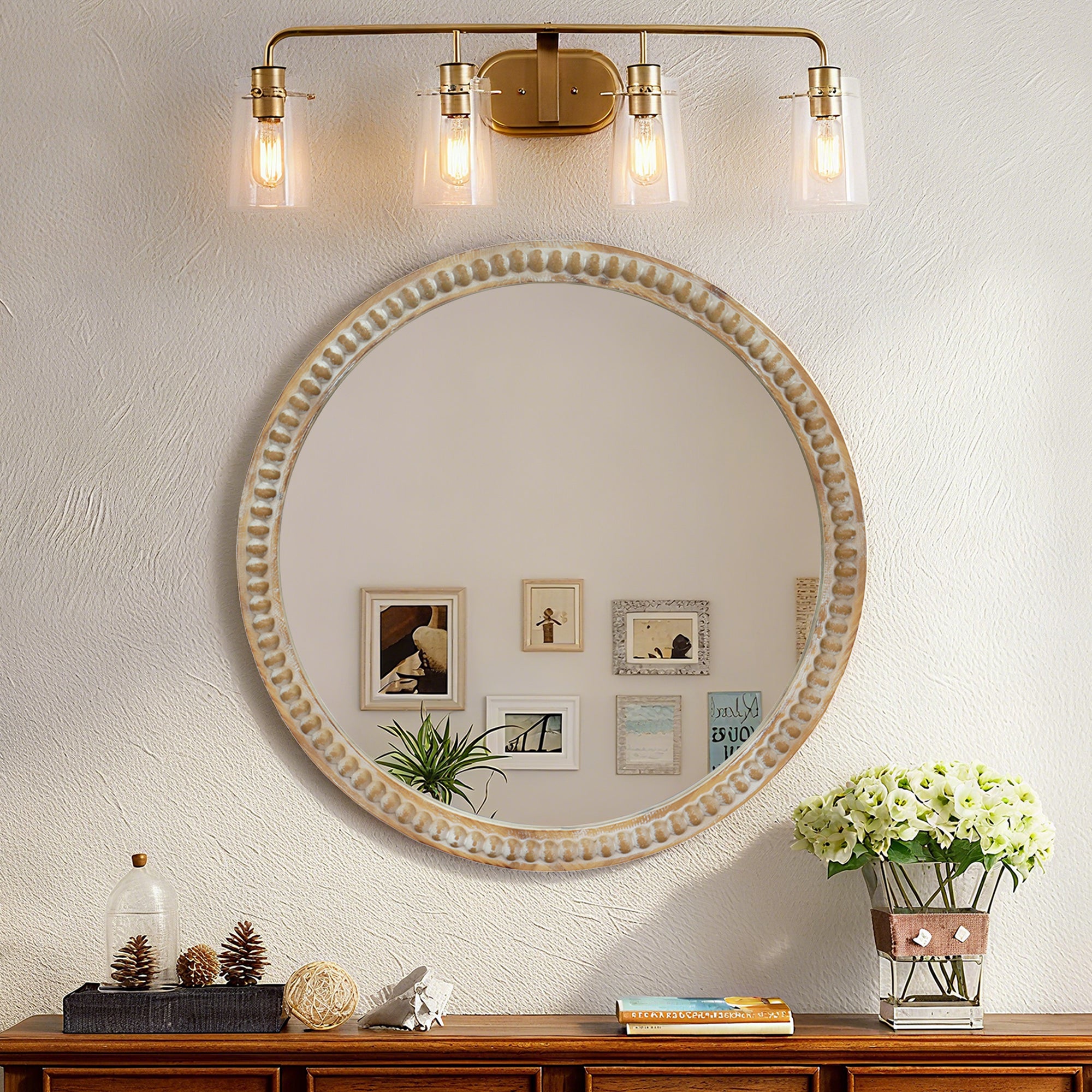 Round Accent Mirror, 23.62 in Distressed Beaded Frame