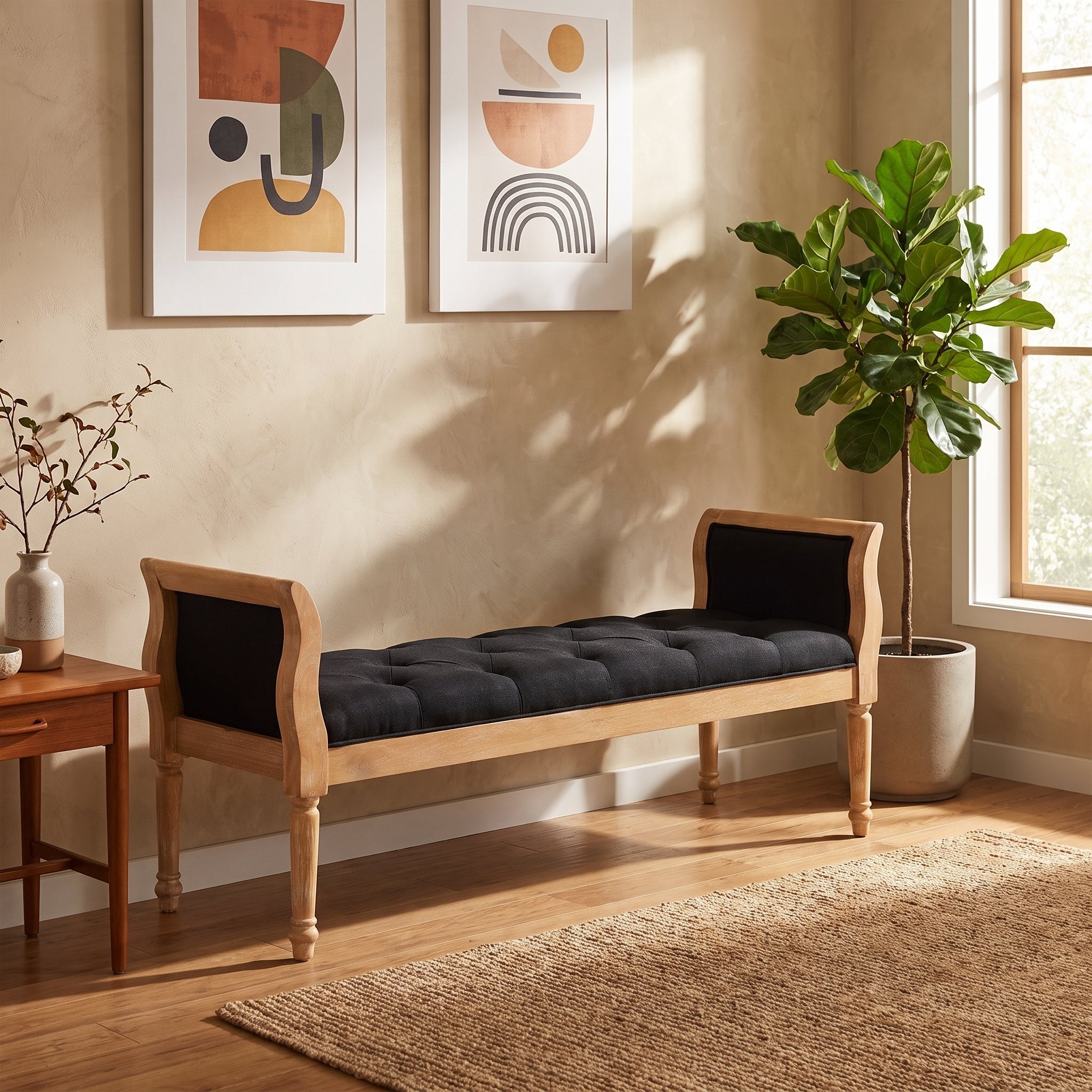 Tufted Upholstered Bench, 52 in Charcoal with Wood Arms