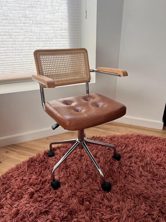 Mid Century Modern Desk & Office Chair – Handwoven Rattan & Vegan Leather