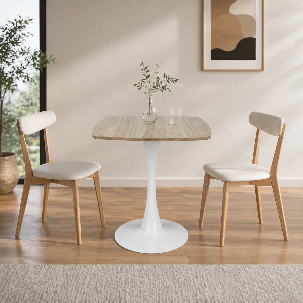Faux oak square tulip bistro table in a styled room with two cream and oak chairs