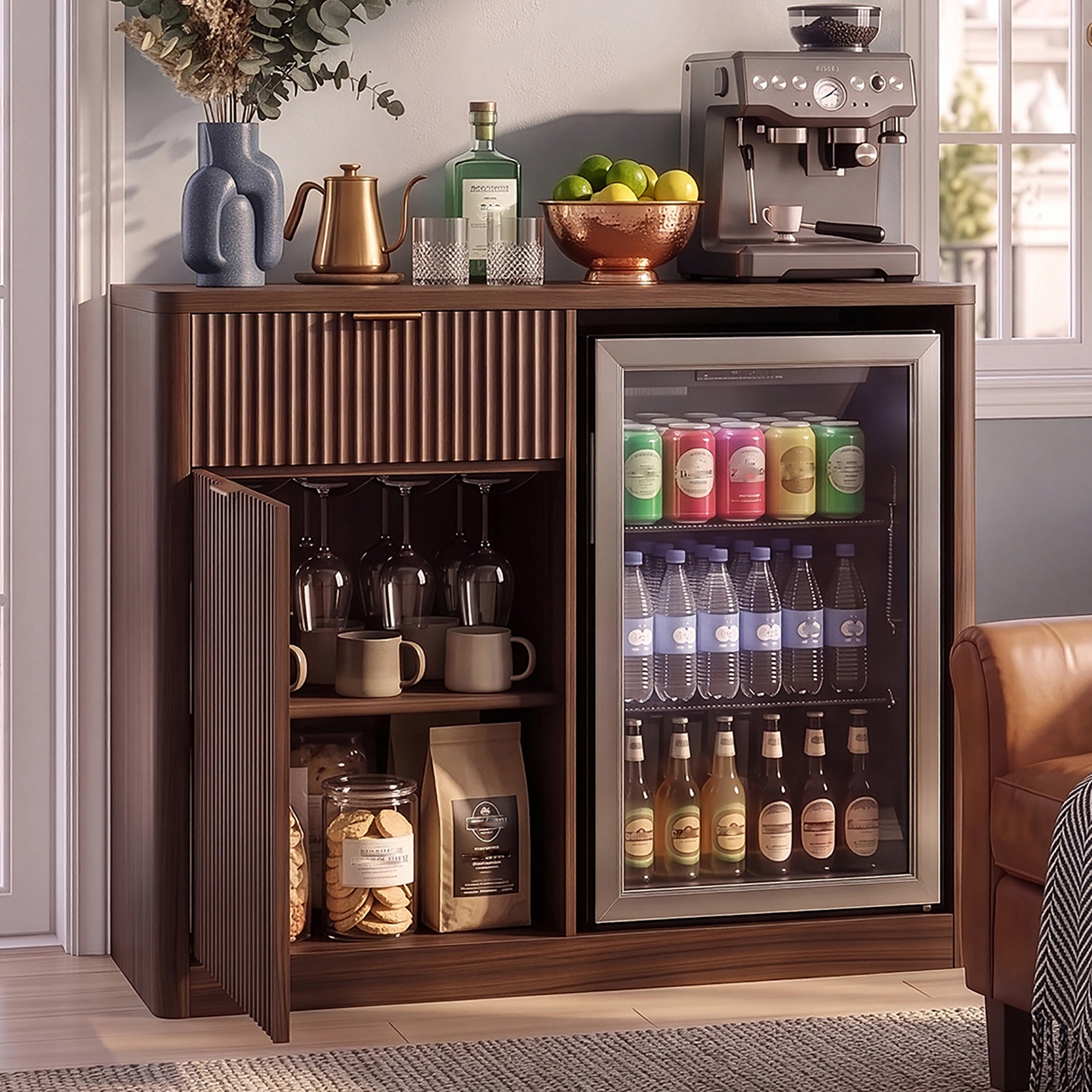 Fluted Bar Cabinet with Mini Fridge Space, 39 in, Walnut