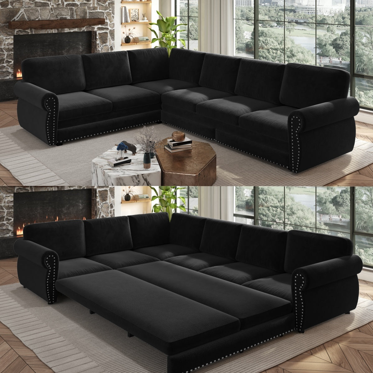 Black Chenille L-Shaped Sleeper Sectional, 118 in Wide