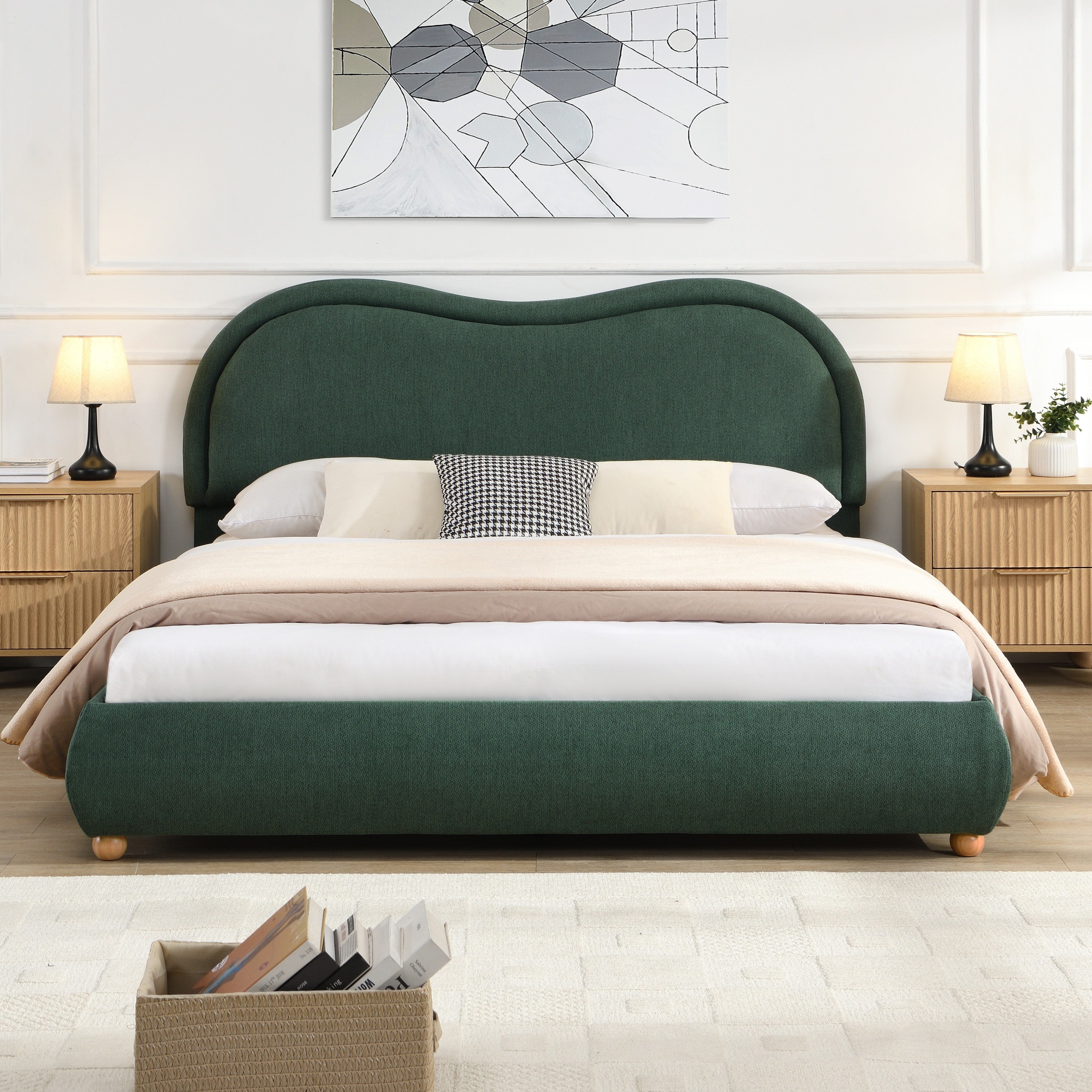 Olive green upholstered queen bed styled with floral bedding and oak nightstands, curved chenille headboard #Color_Olive Green