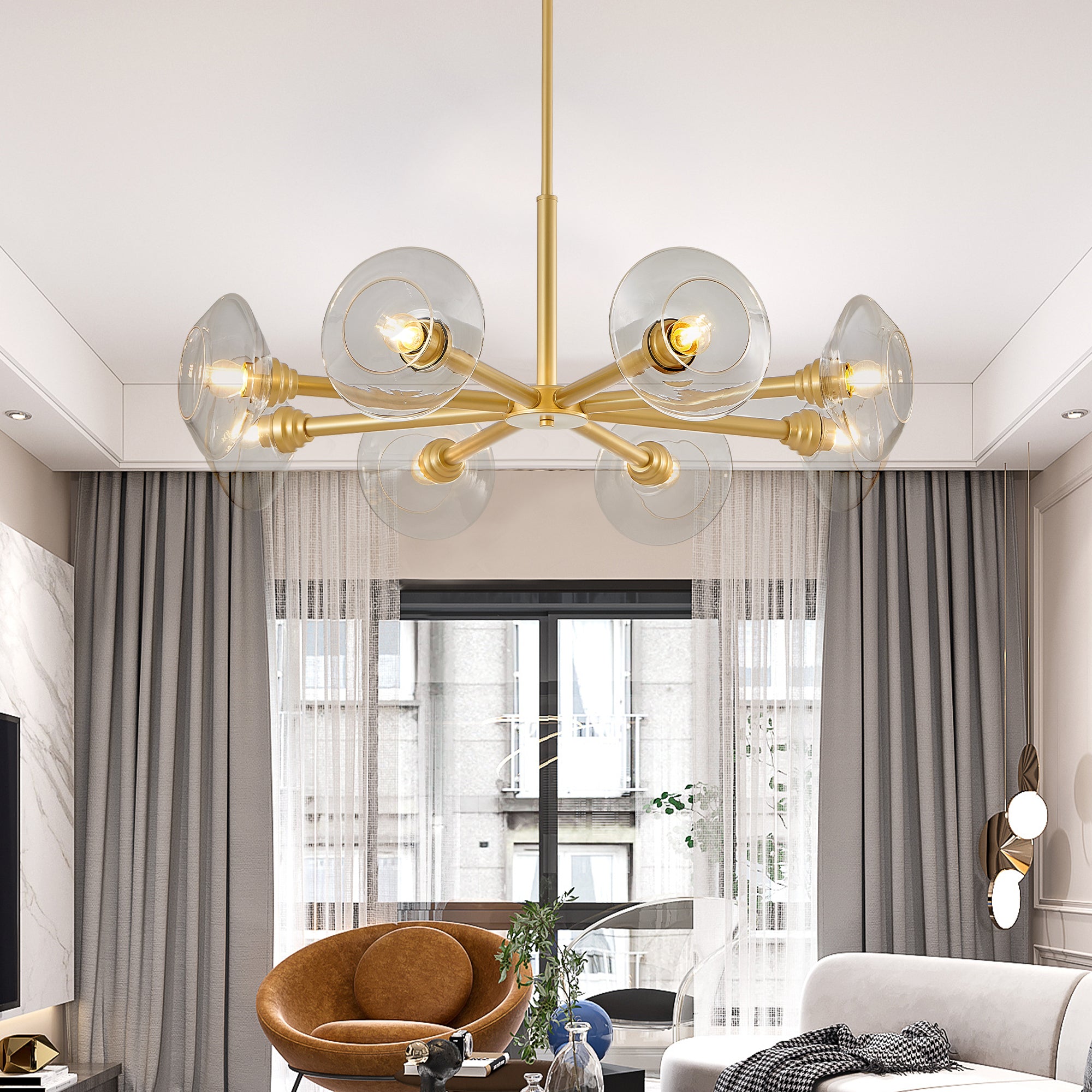 Chandelier, 8-Light Sputnik Style with Glass Shades, Gold