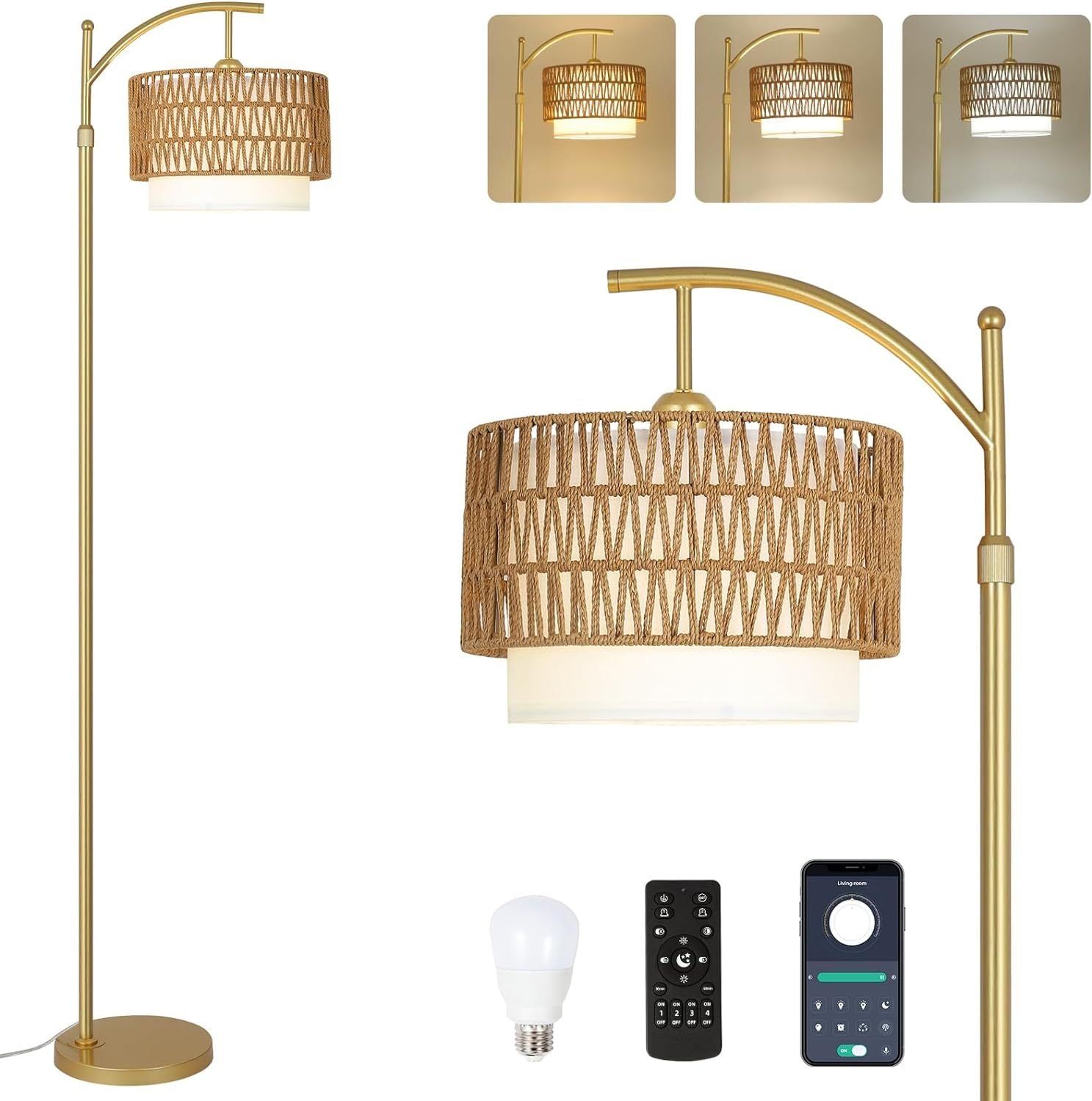 Floor Lamp, Arc Rattan and Metal with Remote, Brown and Gold