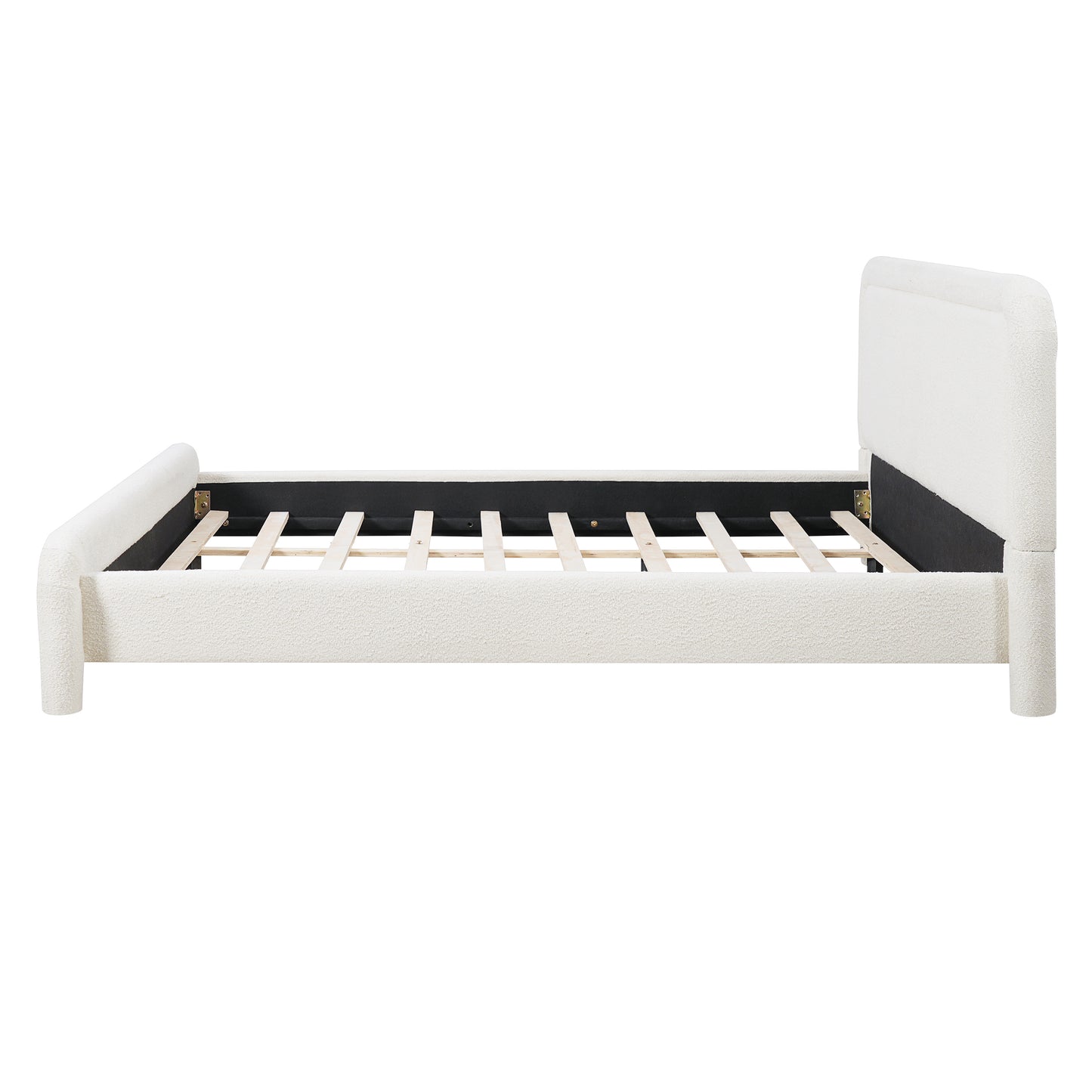 Side profile of white boucle king bed frame with slat support visible