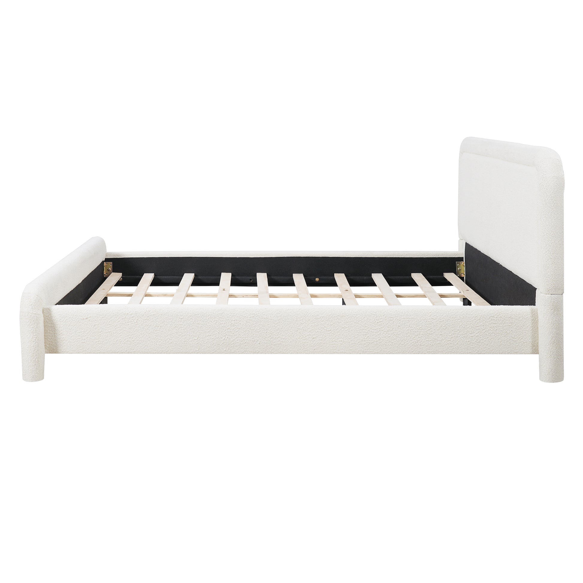 Side profile of white boucle king bed frame with slat support visible