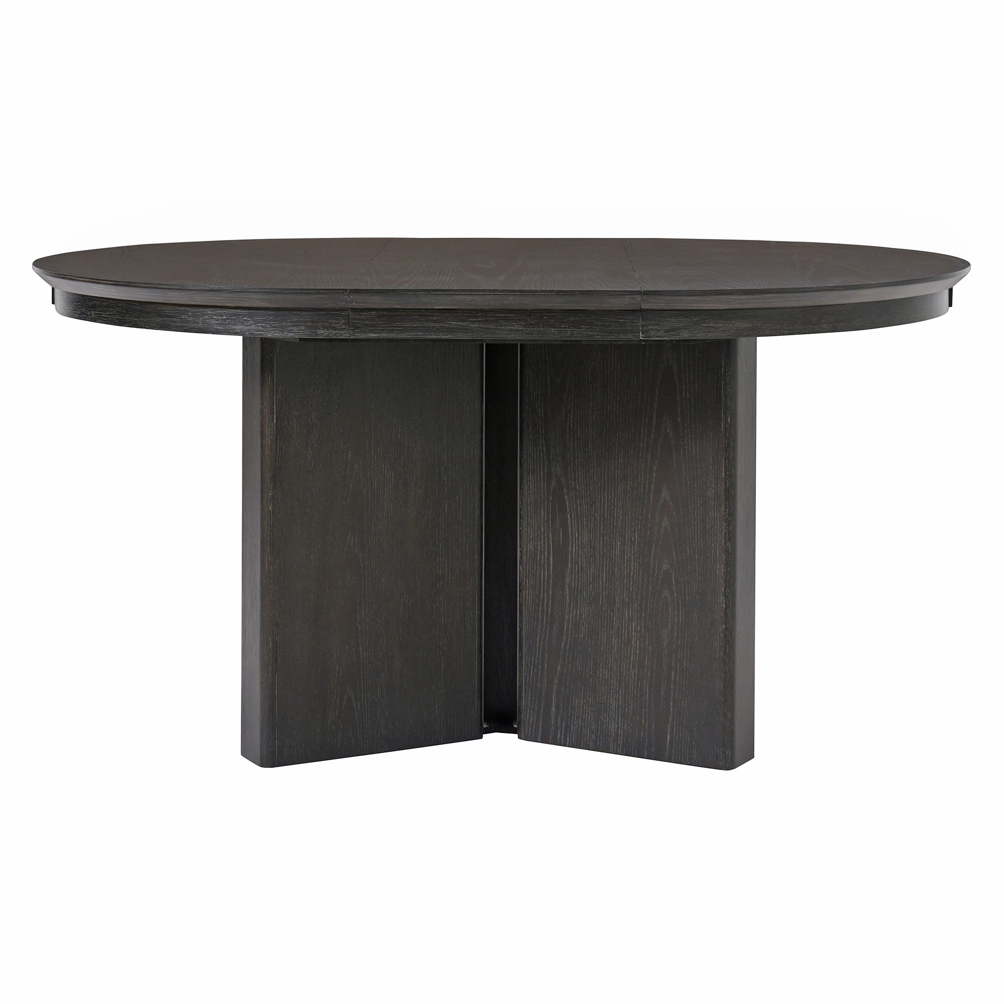 Front studio view of the closed round espresso table on crossed panel base