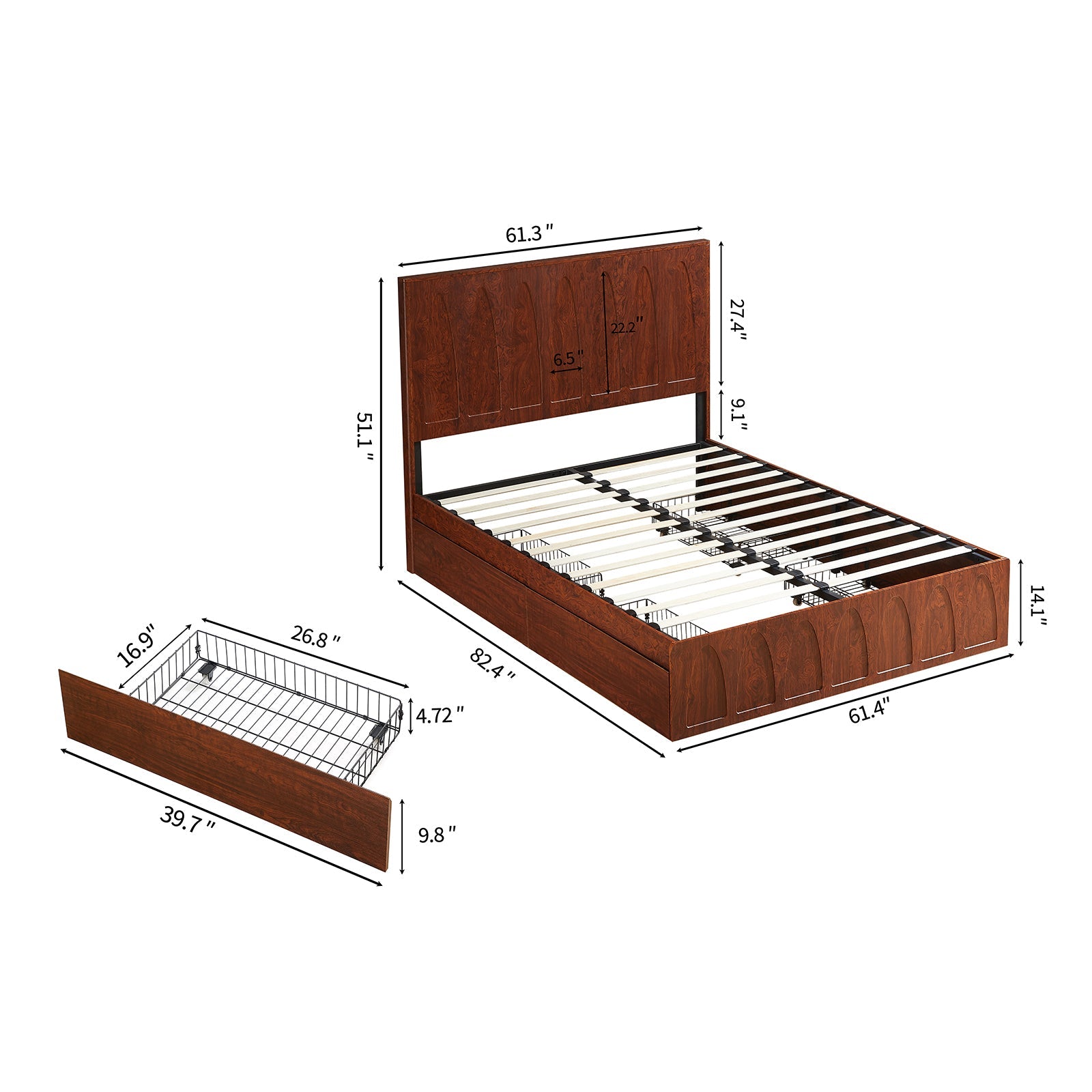 Dimensions diagram of dark reddish-brown burl wood queen bed and pull-out storage drawer, on white #Color_Natural