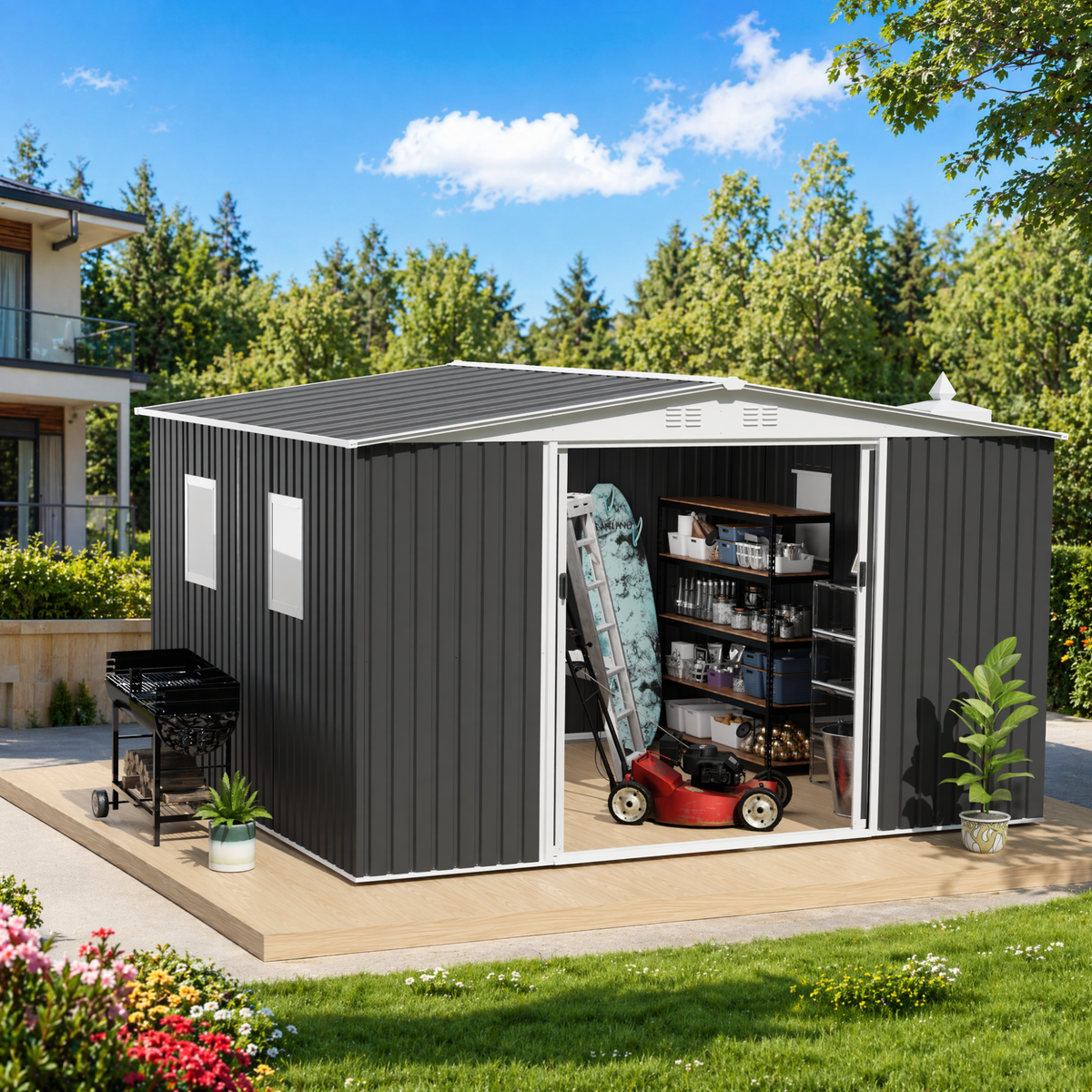 10x12 ft Gray Metal Storage Shed with Window, Apex Roof