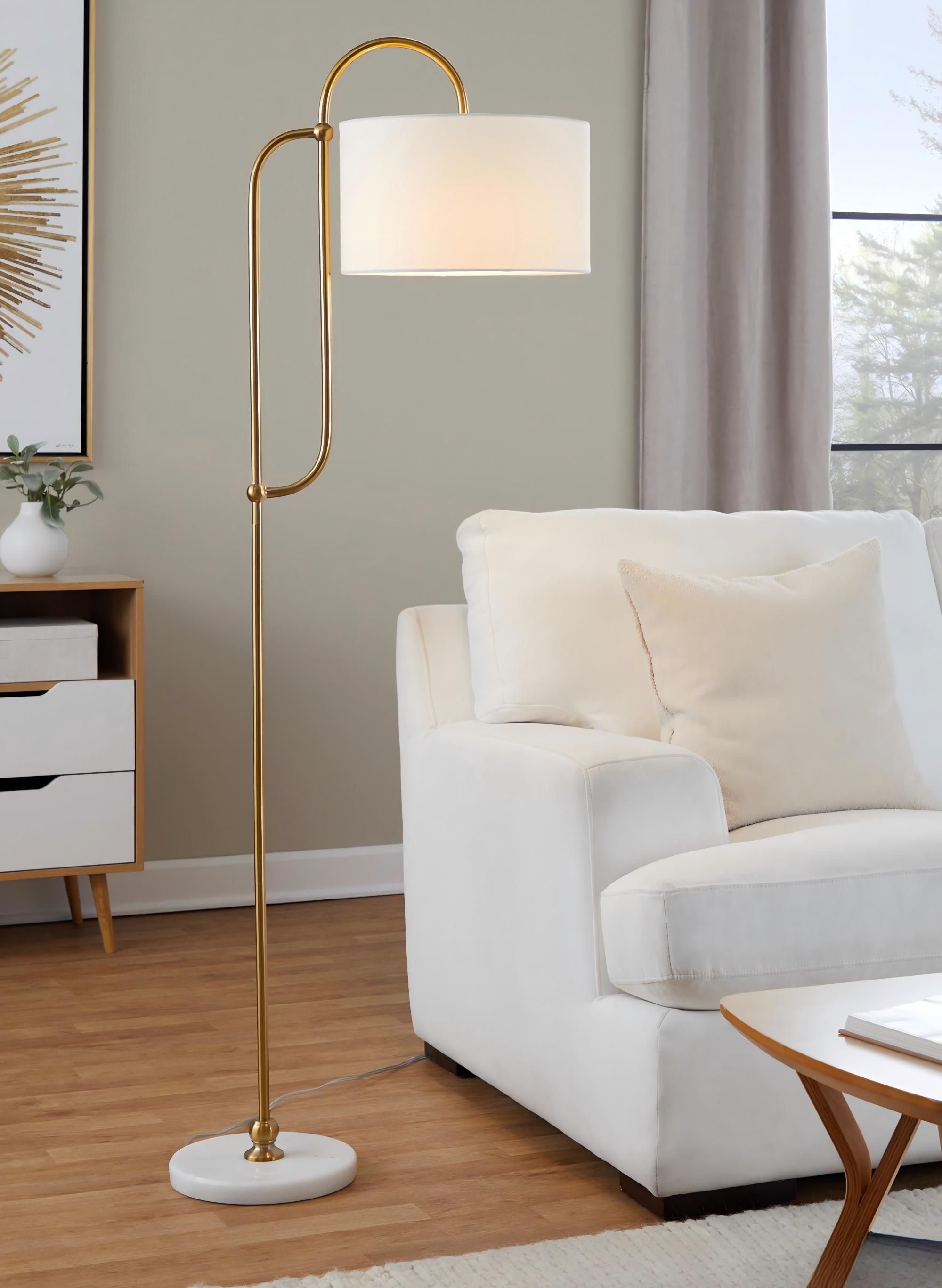 Floor Lamp with Linen Shade and Foot Switch, Gold