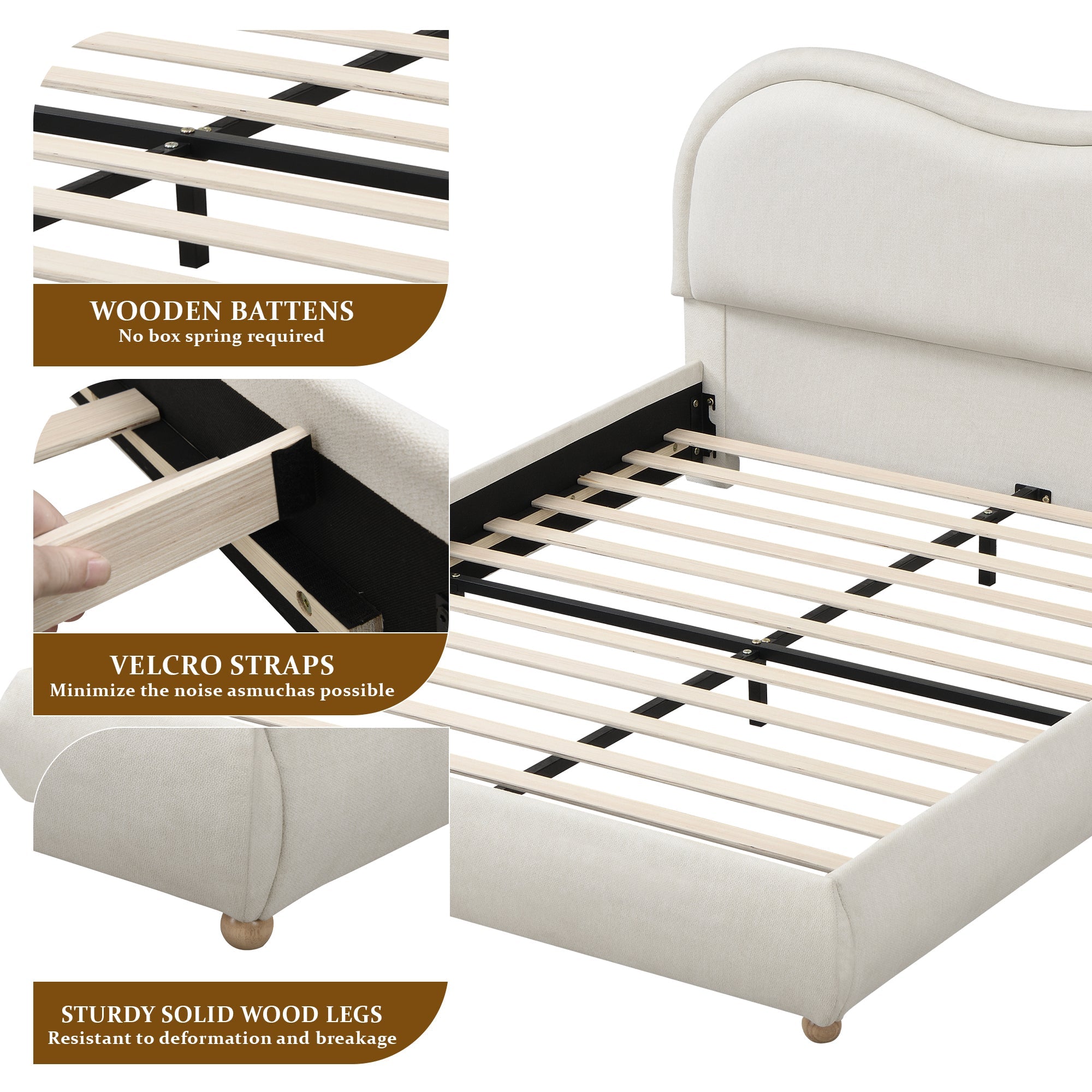 Construction details of the beige chenille bed showing wood slats, straps and round wood legs #Color_Beige