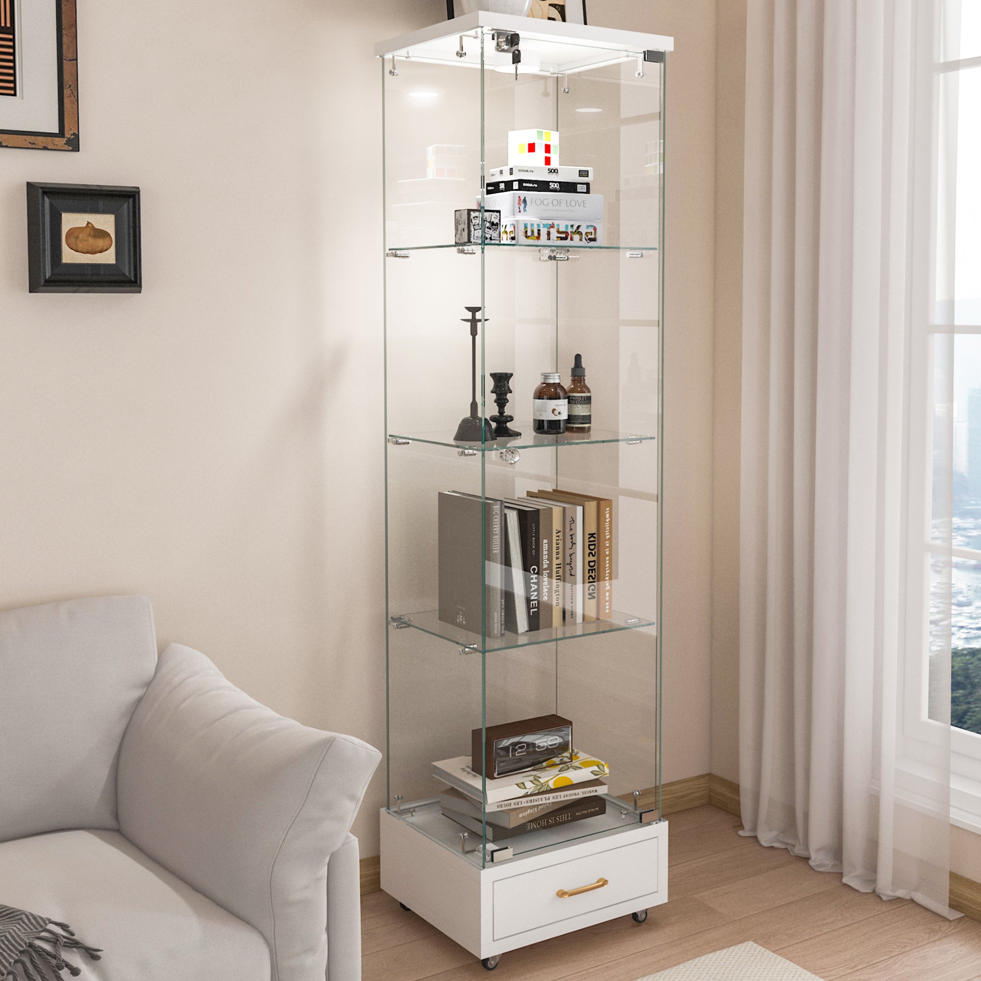 Modern Bookcase with Doors and Lock, 16.7 in, White