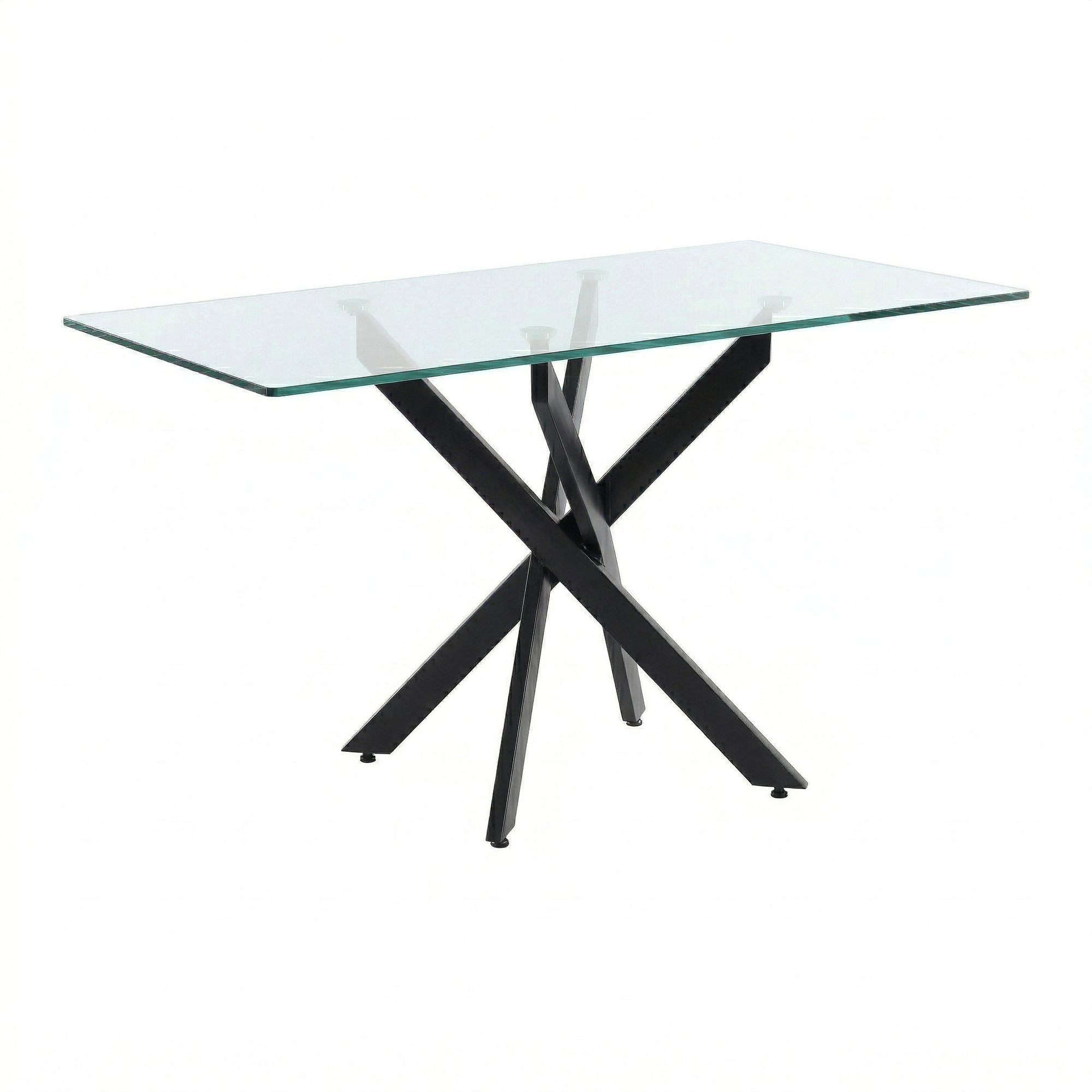 Three-quarter catalog view of the rectangular glass table with black crossed legs on a white background