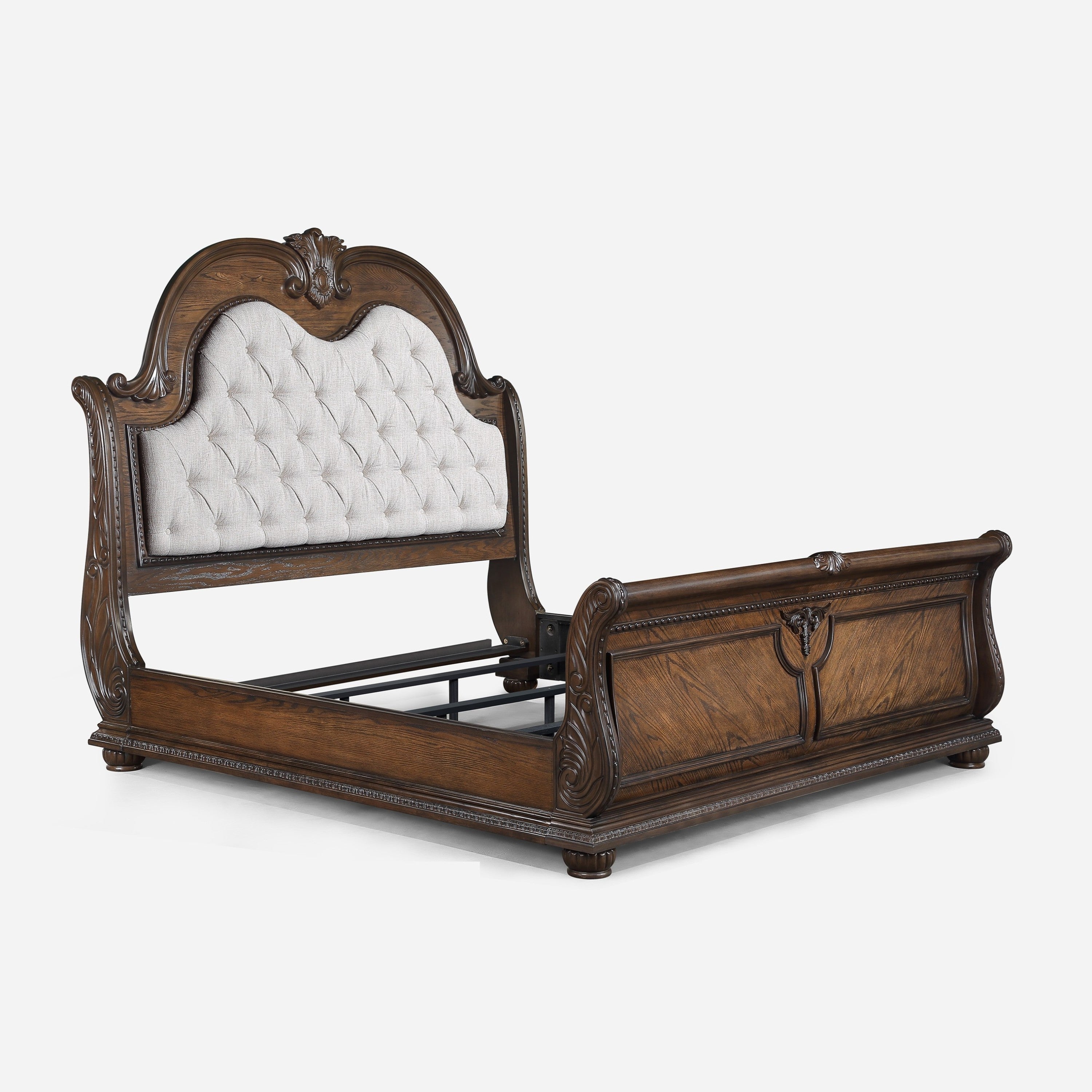 King Sleigh Bed in Coffee Brown, Tufted Vegan Leather Headboard