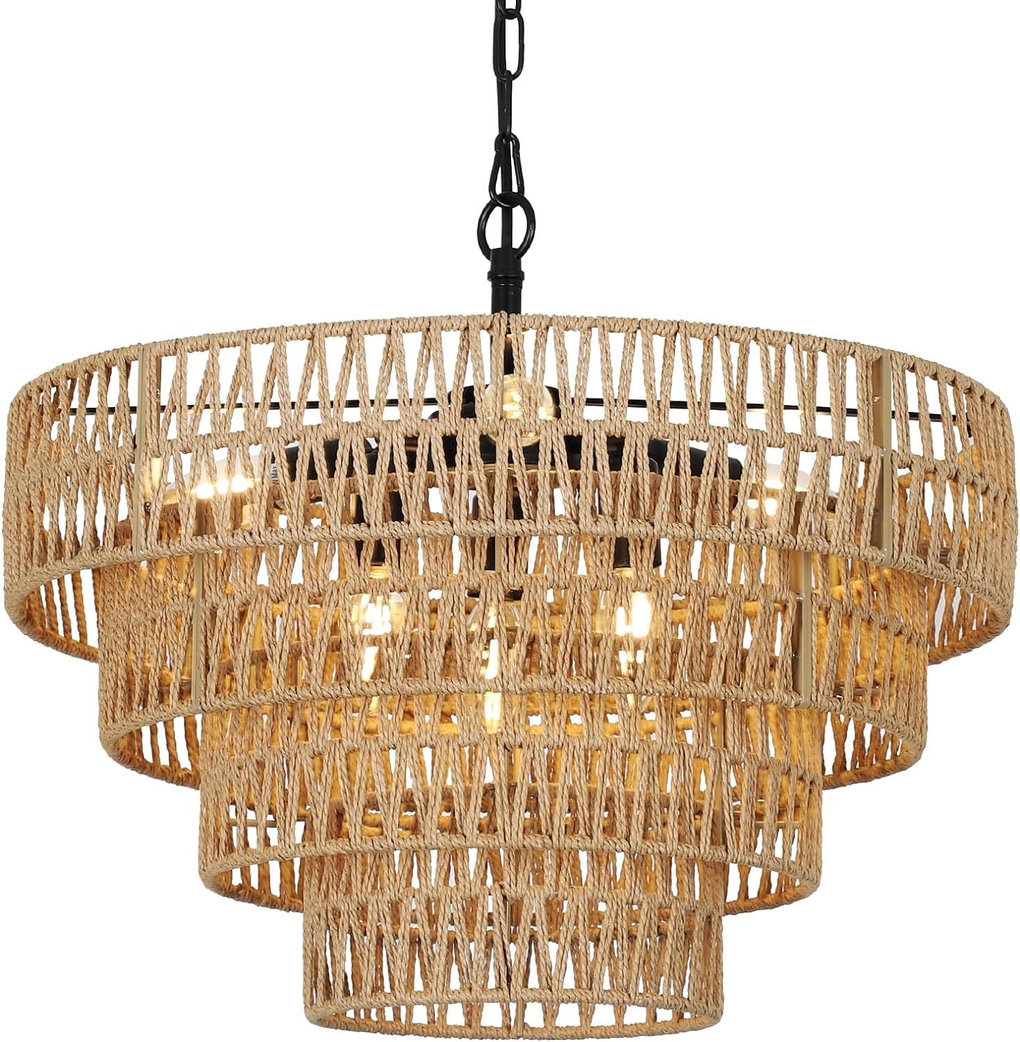 Chandelier with Rattan Shades, 6-Light Adjustable Chain, Brown