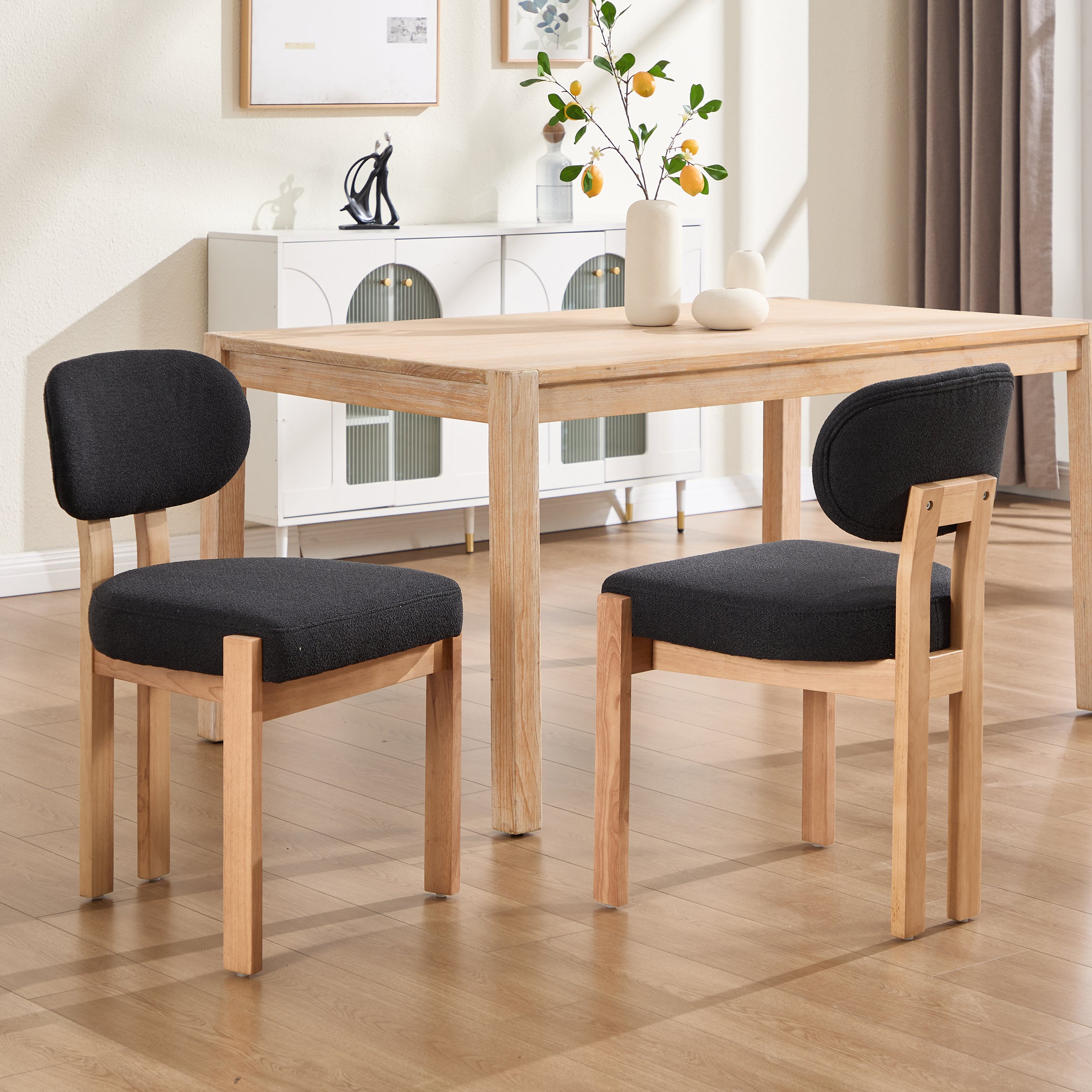 Boucle Dining Chairs Set of 2, Black with Natural Wood Legs
