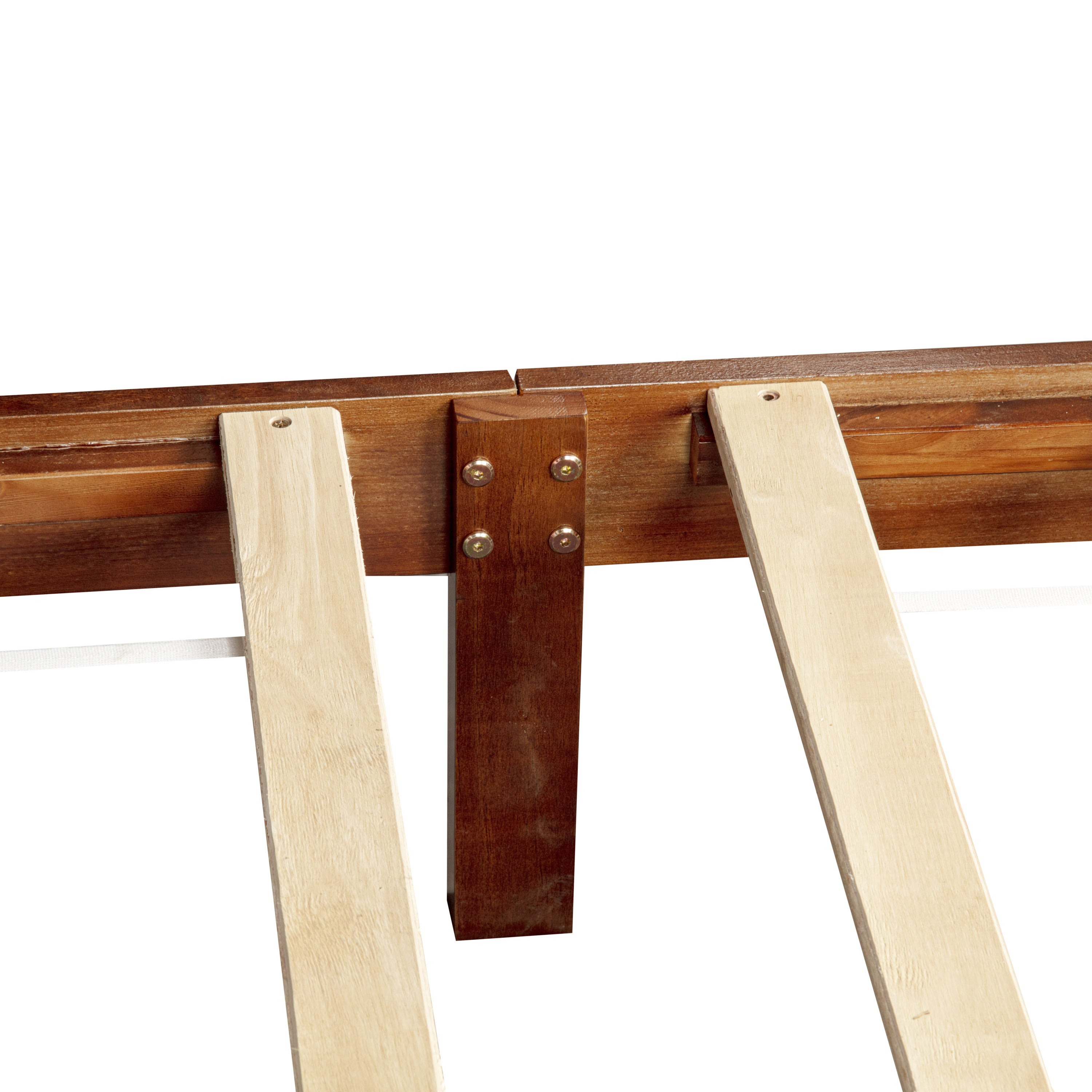 Close-up of bracket and slat support, farmhouse walnut king bed frame