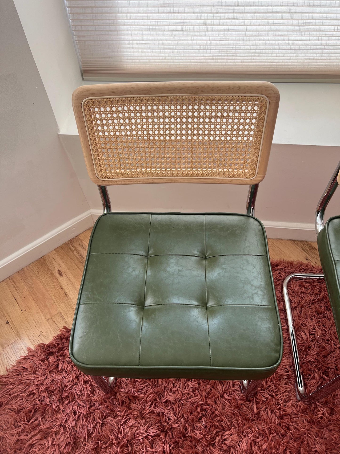 Midcentury Modern Dining Chair Set of 2 - Green Vegan Leather with Rattan Accents