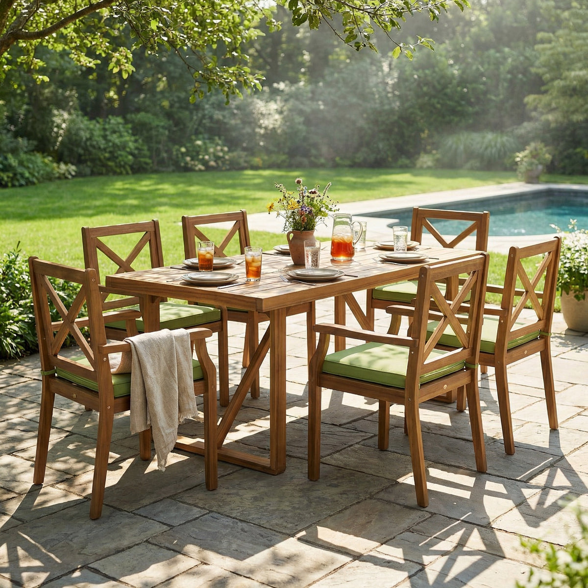 Teak Finish Solid Wood 7-Piece Patio Dining Set for 6 with Green Cushions