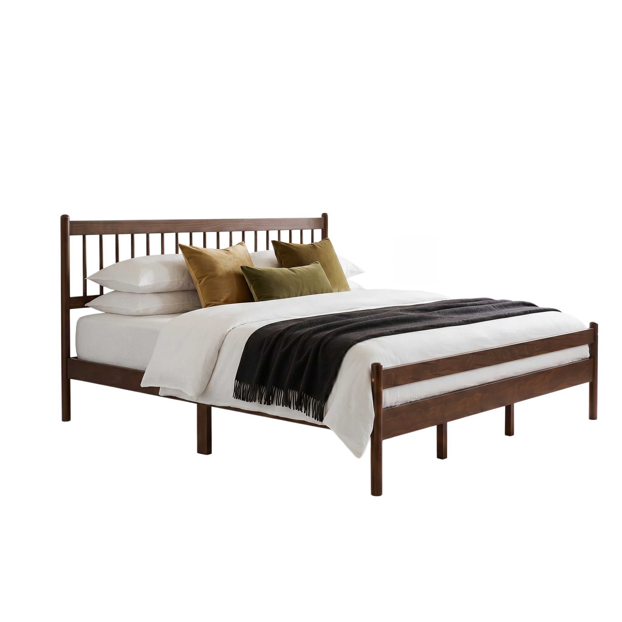 Walnut king bed with dark throw blanket, close angled view