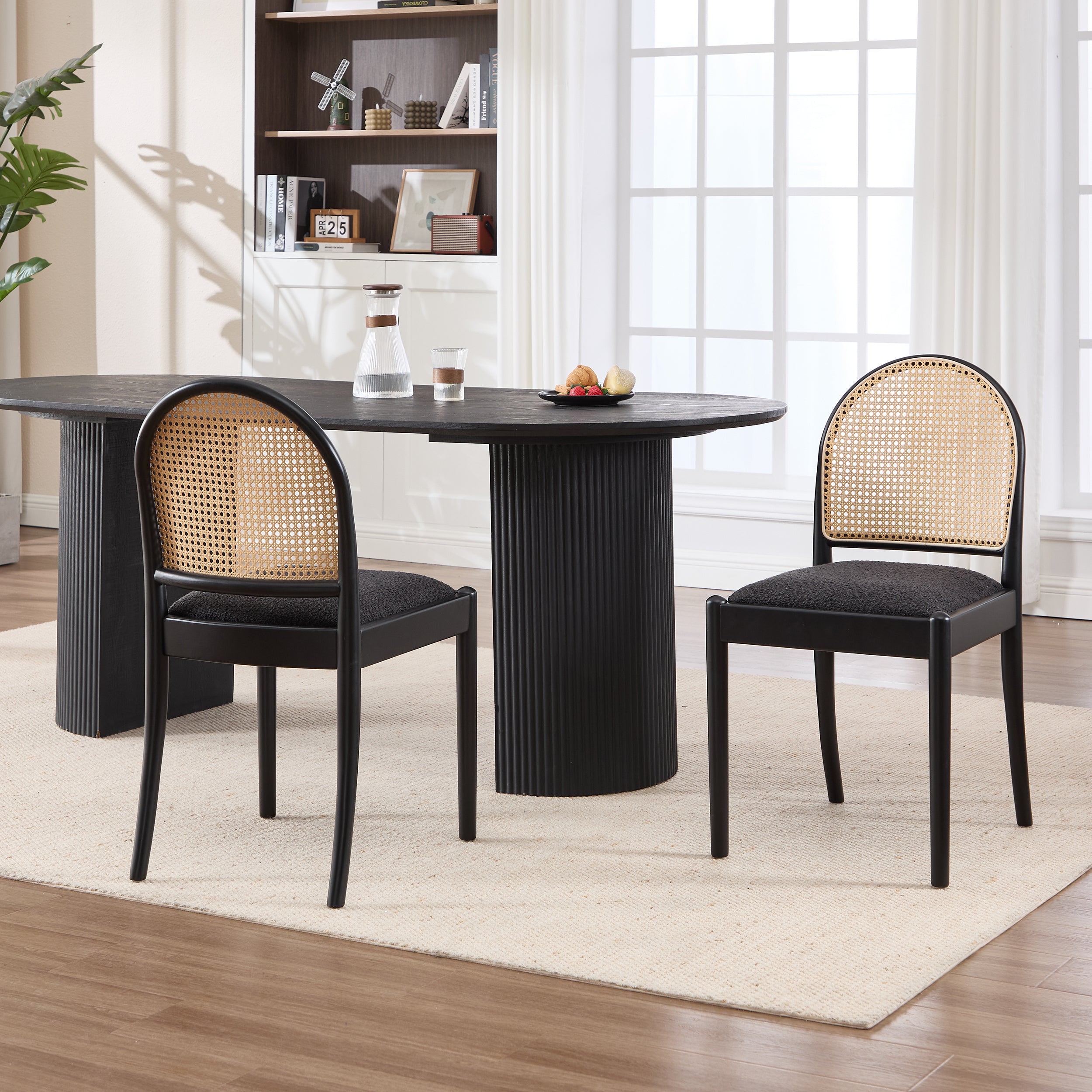Rattan Cane-Back Dining Chairs Set of 2, Black Fabric Seat