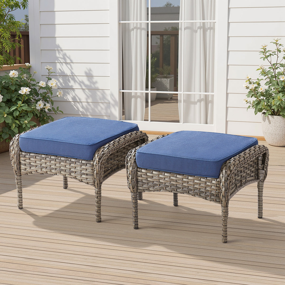 Wicker Outdoor Ottoman with Blue Cushions, Set of 2, 15.8 in Tall, Gray Wicker