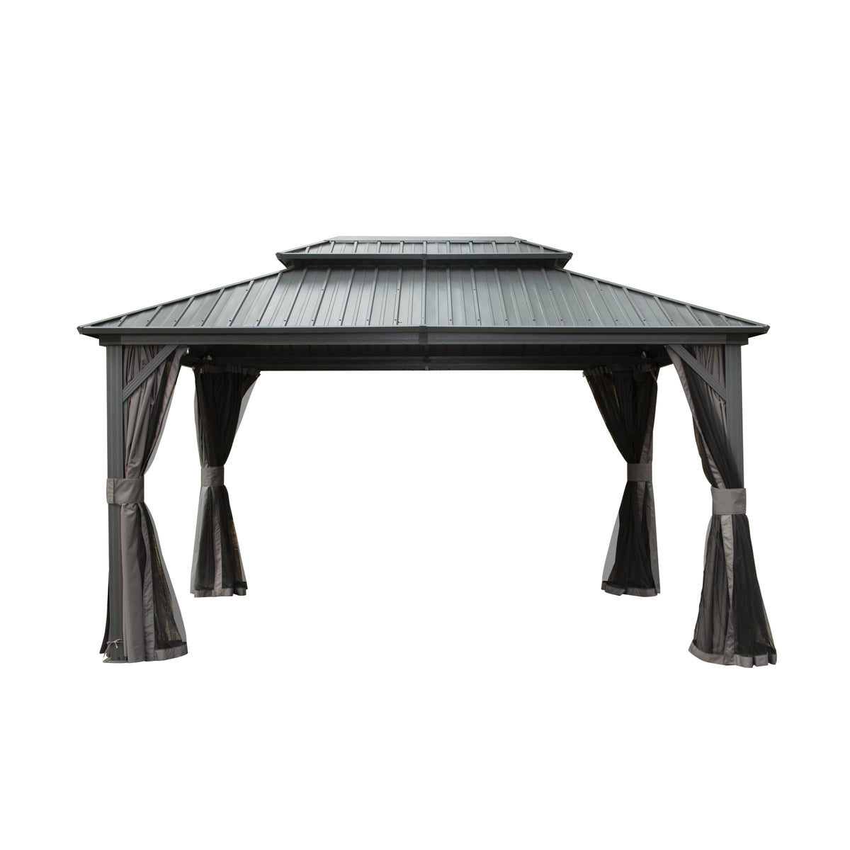 10x12 ft Gray Aluminum Double Roof Hardtop Gazebo with Netting and Curtains