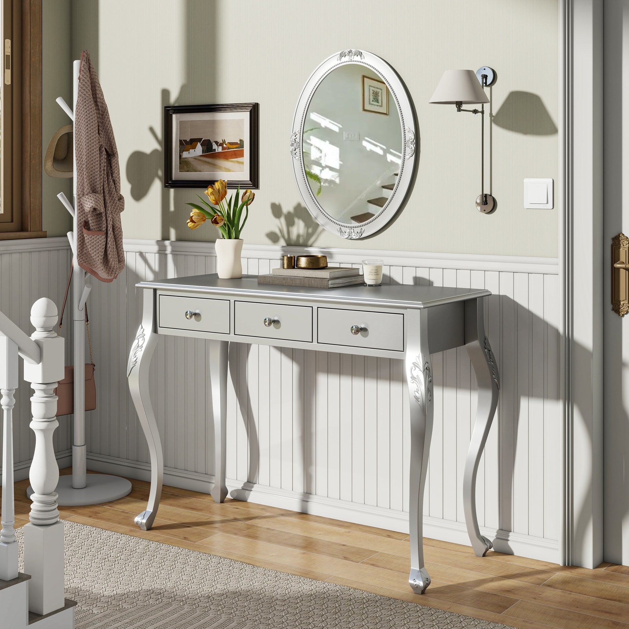 Silver Dressing Table with Oval Mirror and 3 Drawers