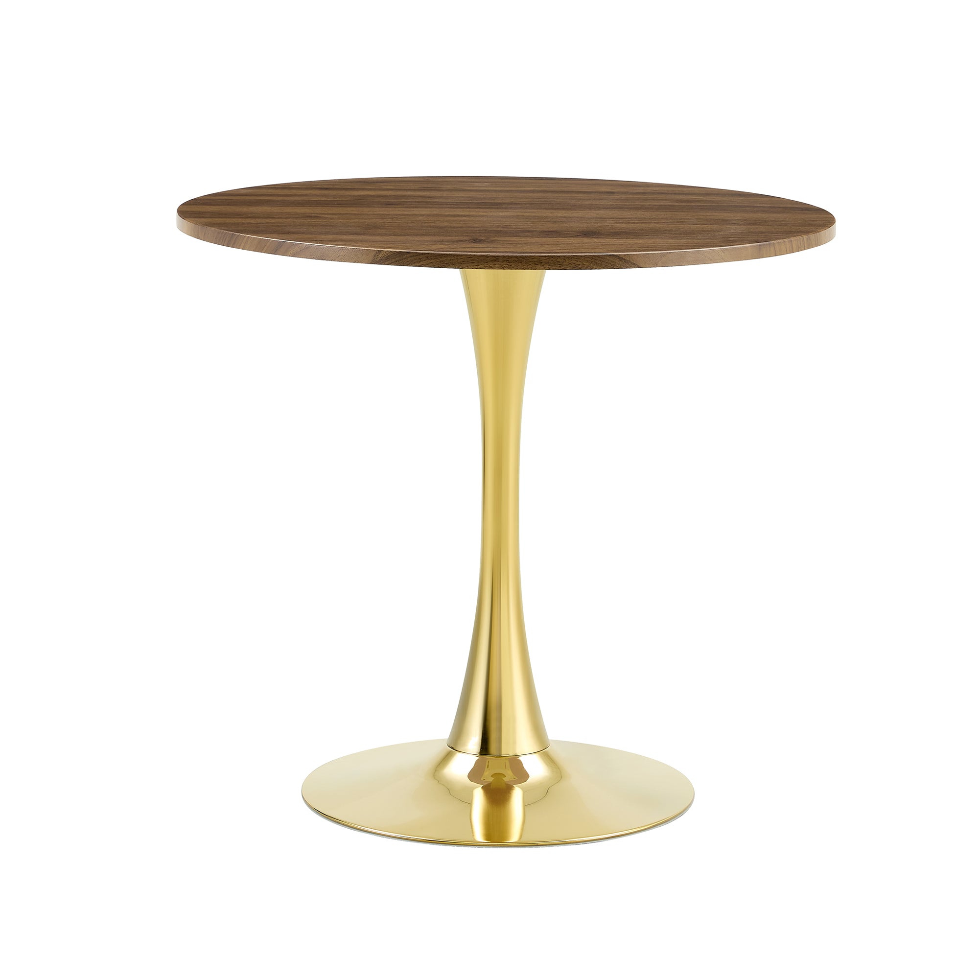 Walnut round dining table with a gold tulip pedestal on a plain white background, three-quarter view