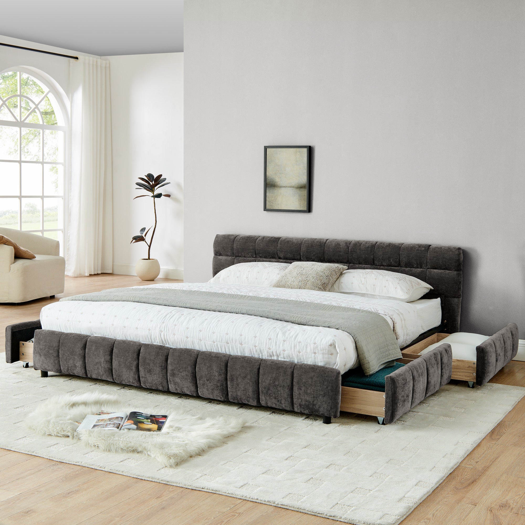Close-up of channel-tufted headboard on dark gray king bed frame