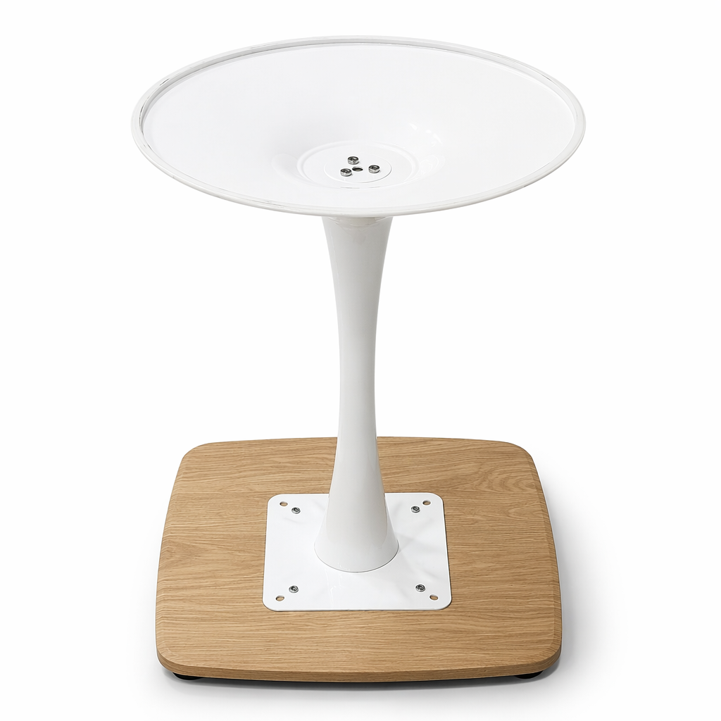 Underside view of the square tulip table showing white base mounting plate and pedestal