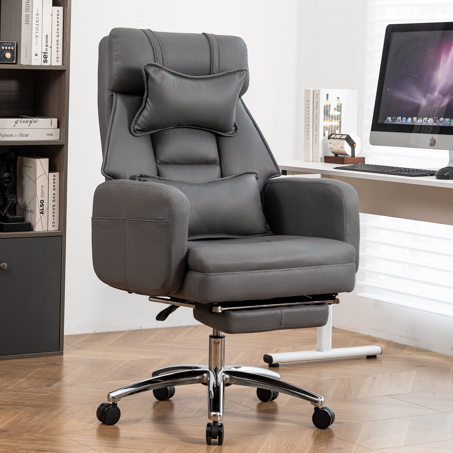 Lumbar Support Reclining Office Chair, 29.9 in, Grey