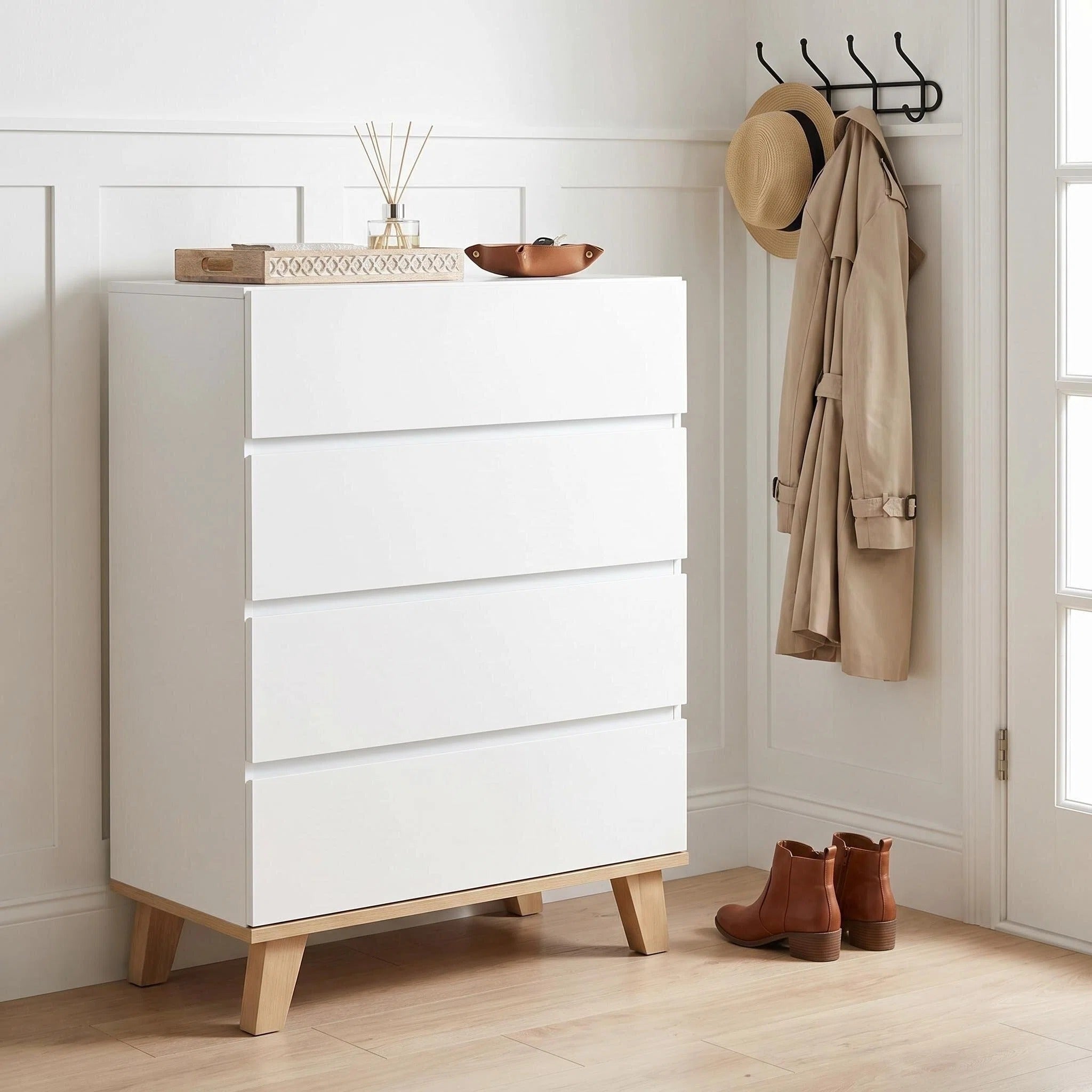 Tall 4 Drawer Dresser with Wood Legs, White and Natural