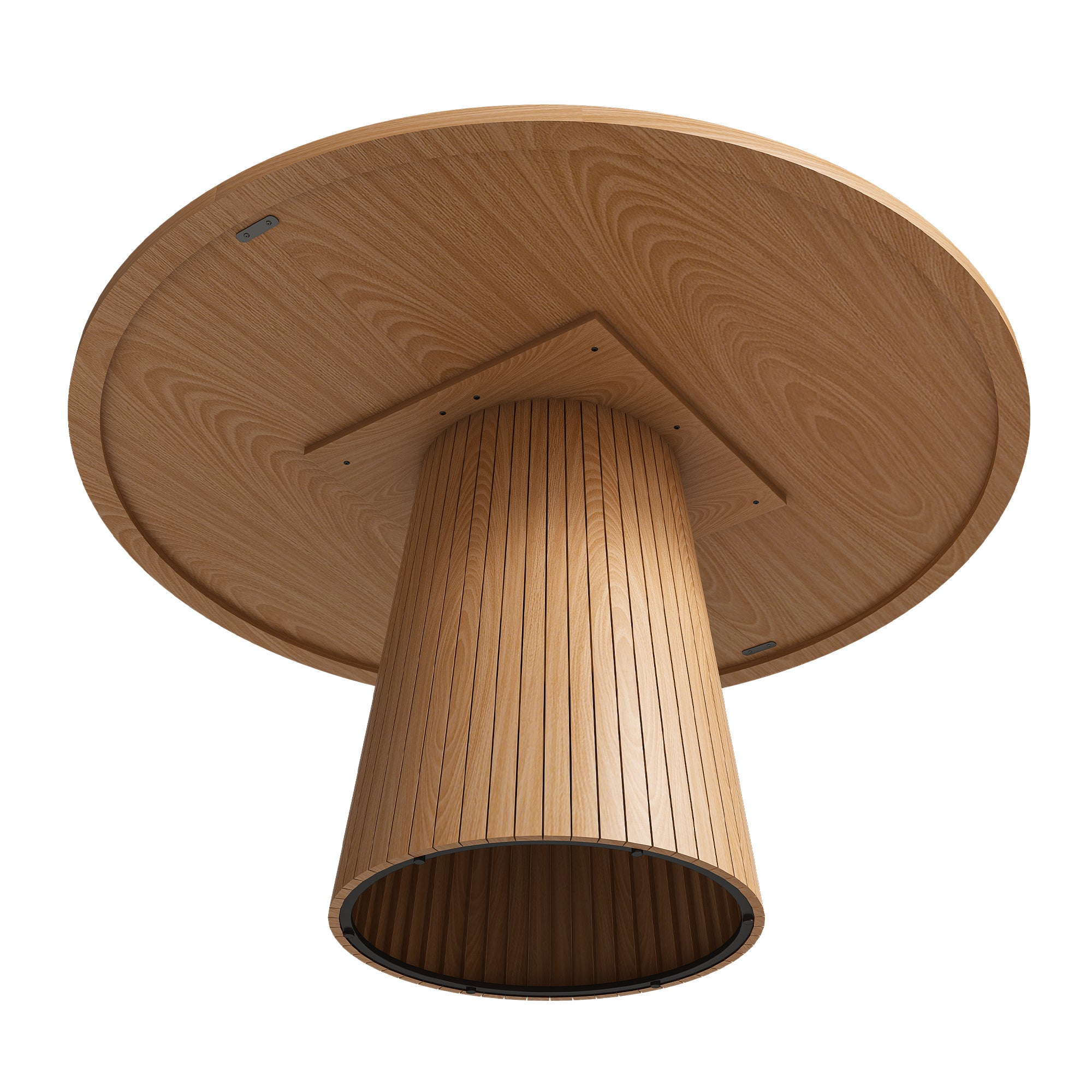 Bottom three-quarter view of the oak round dining table showing the hollow slatted conical base
