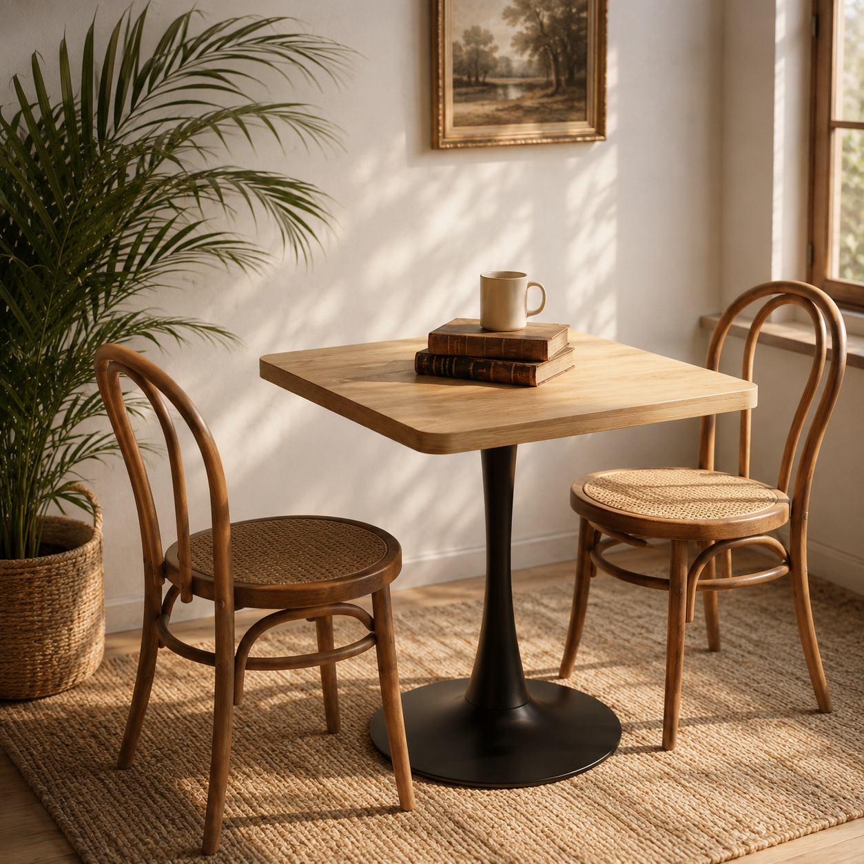 Overhead angle of the natural square tulip bistro table with bentwood cane chairs in a sunlit corner