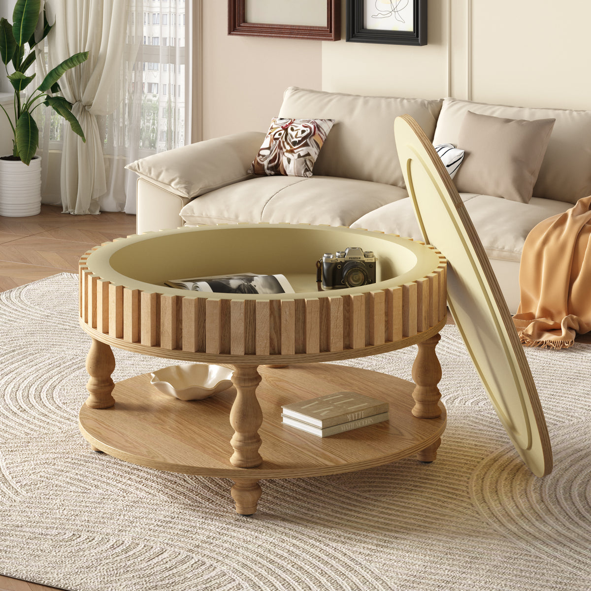Natural Round Fluted Coffee Table with Storage, 31.5 in