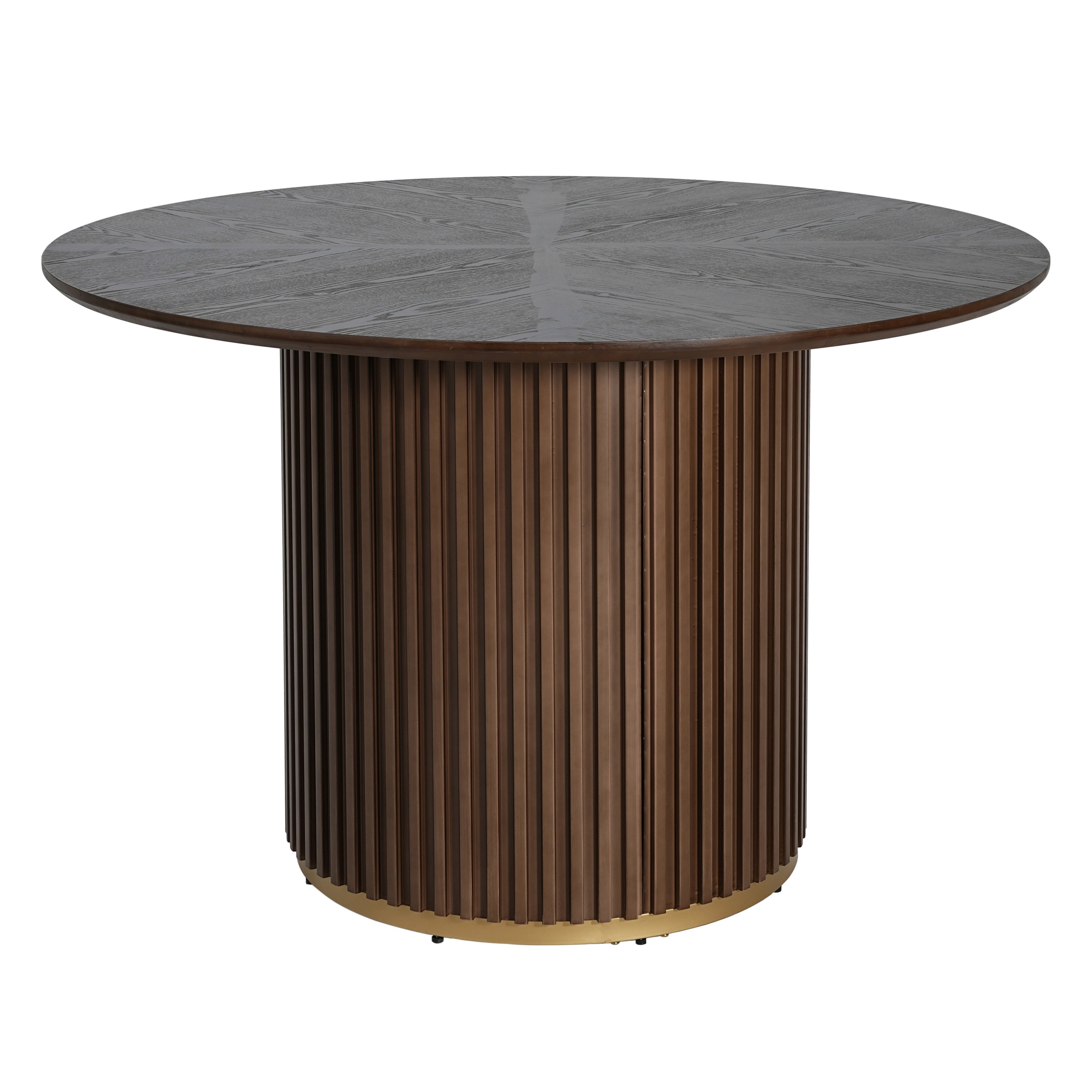 Three-quarter studio view of walnut round pedestal dining table with fluted cylinder base and gold base ring